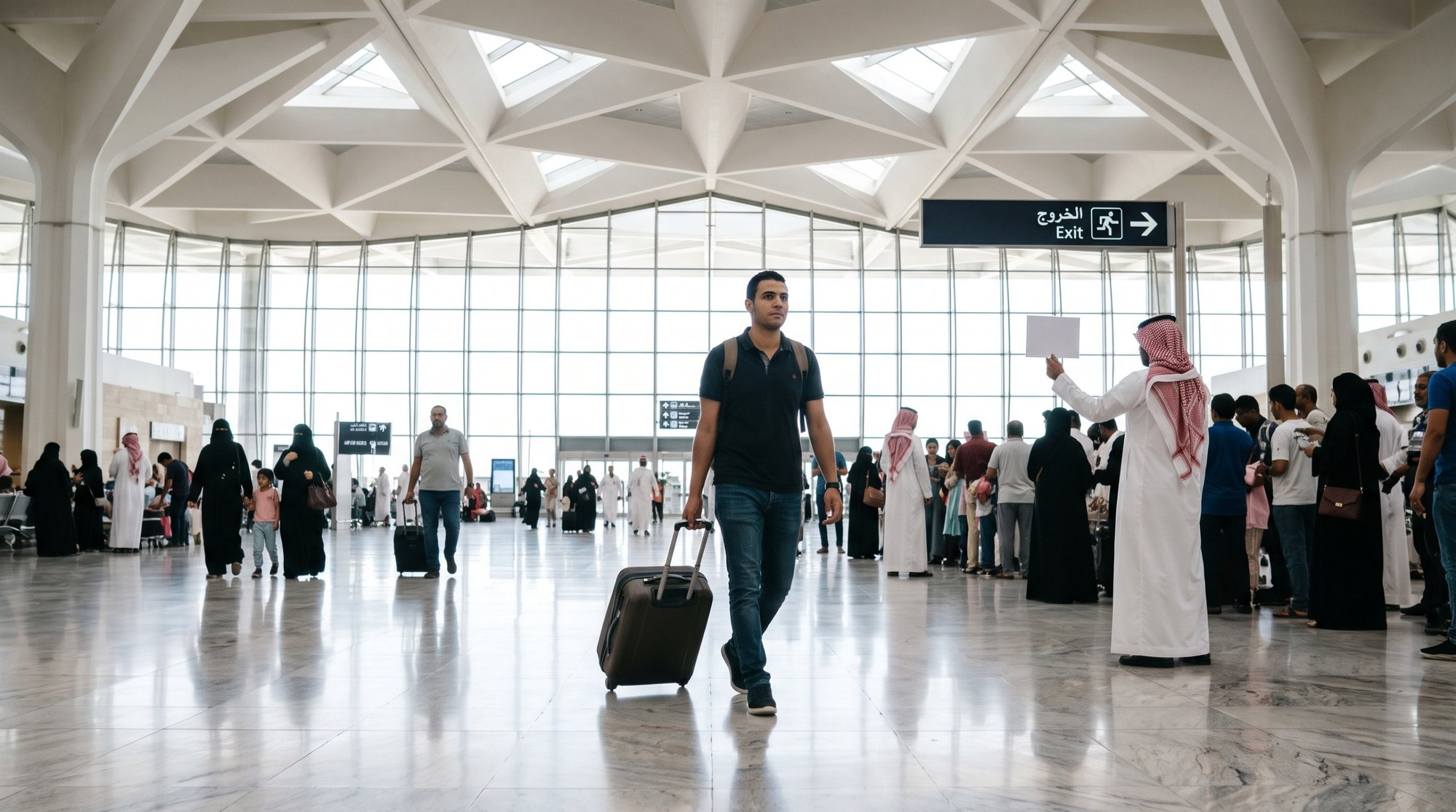 🇸🇦 فيزا العمل في السعودية للمصريين 2026: الشروط والأوراق والرسوم خطوة بخطوة 6 شاب مصري بشنطة سفر ماشي في صالة الوصول بمطار الملك خالد الدولي في الرياض ناحية لافتة الخروج، وسواق الشركة رافع لافتة استقبال