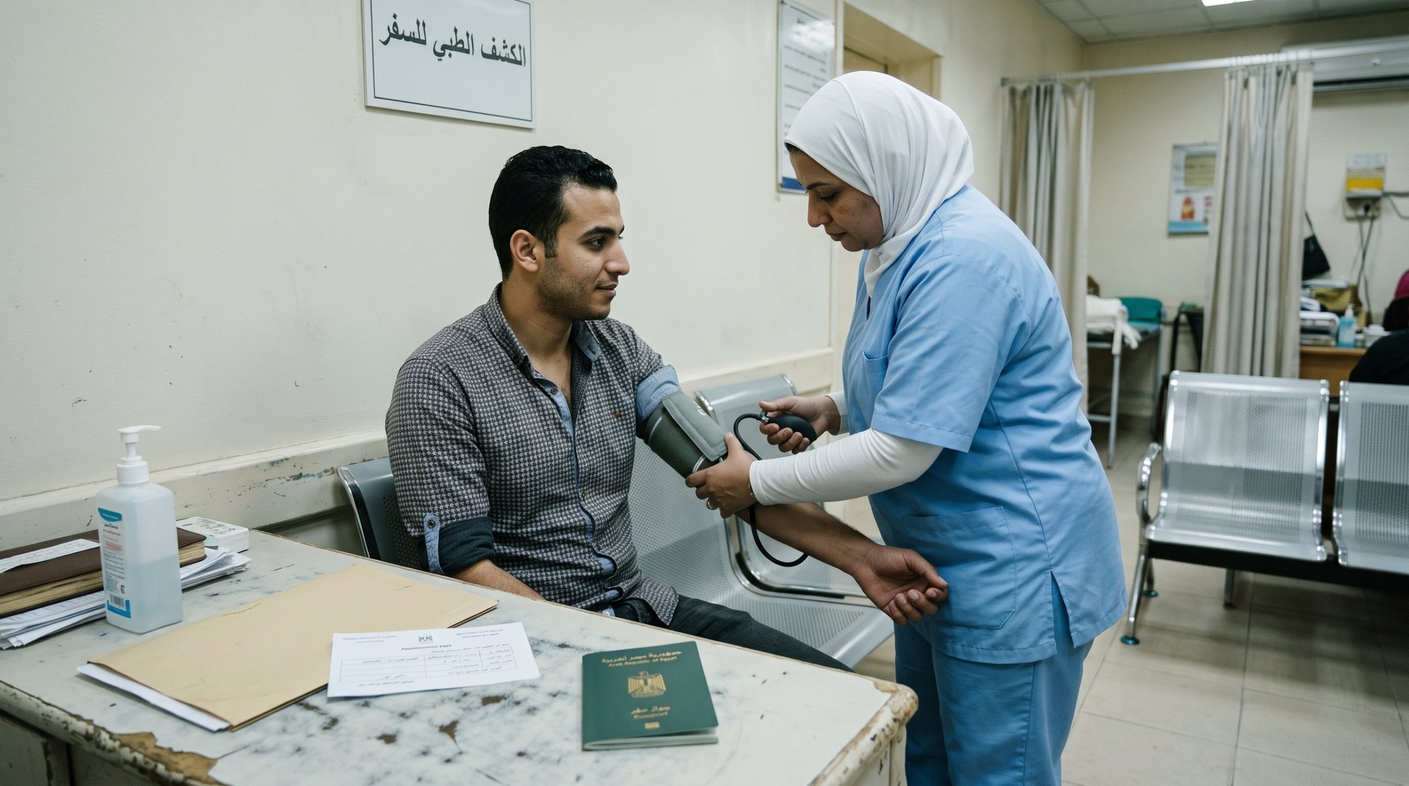 🇸🇦 فيزا العمل في السعودية للمصريين 2026: الشروط والأوراق والرسوم خطوة بخطوة 4 ممرضة بتقيس ضغط شاب مصري في مركز الكشف الطبي للسفر، وعلى المكتب جواز السفر وورقة الموعد