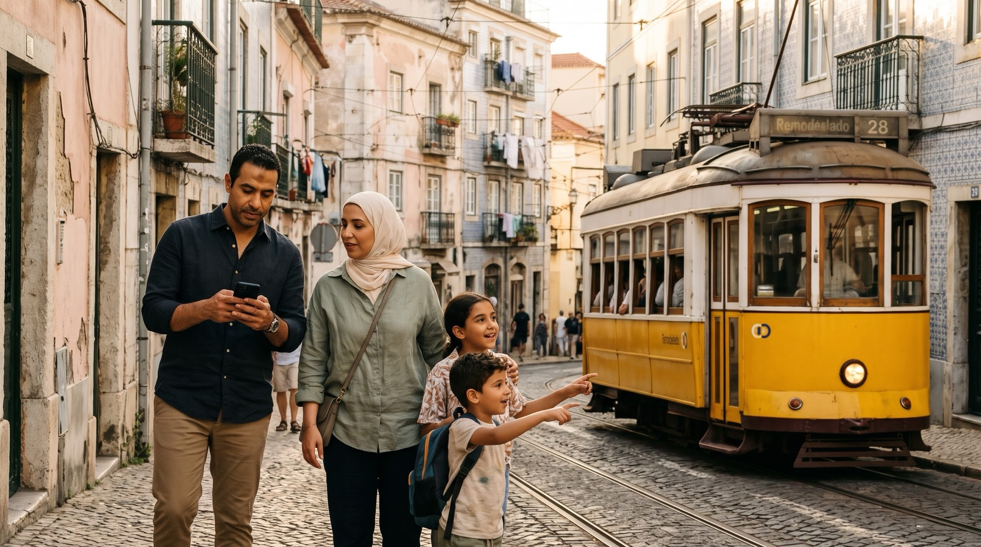 شريحة هولافلاي الإلكترونية 2026: إنترنت غير محدود من أول ما تنزل في أكتر من 200 وجهة 4 عيلة مصرية ماشية في شارع حجري في لشبونة، الأب بيبص في الموبايل والأطفال بيشاوروا ناحية الترام الأصفر رقم 28