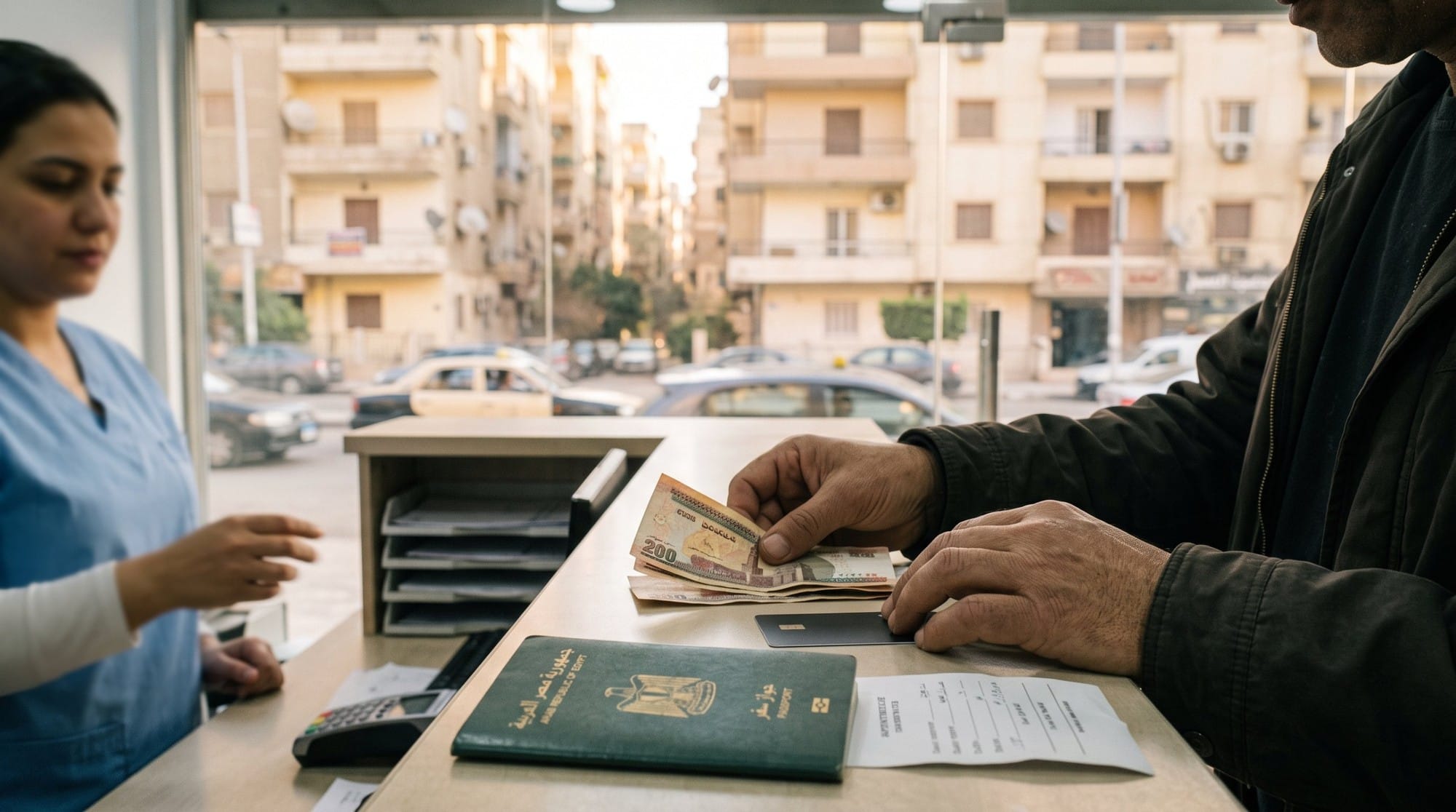 إيدين راجل مصري بتعدّ فلوس فئة 200 جنيه وكارت بنك على كاونتر الدفع في مركز طبي، وجنبهم جواز السفر وورقة الموعد