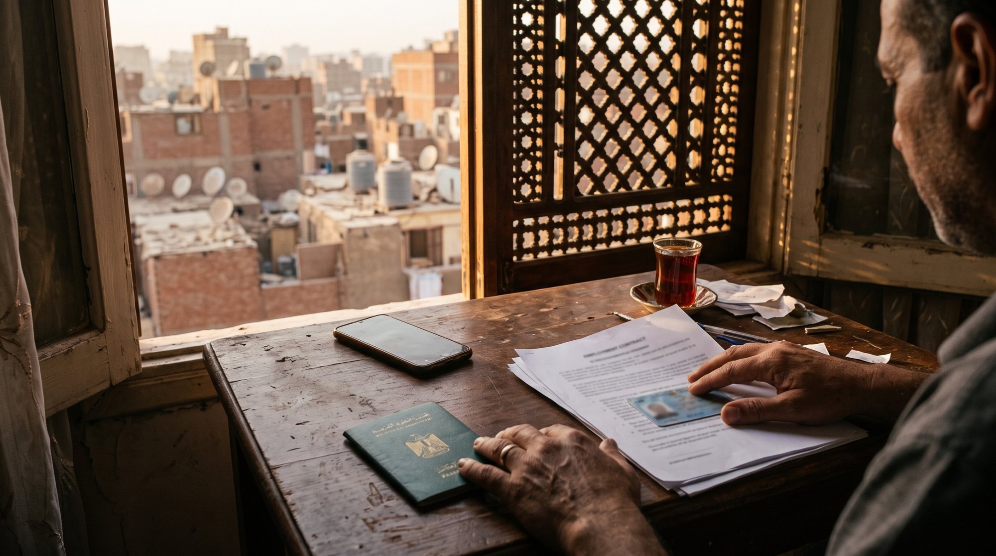 إيدين راجل مصري على عقد عمل وكارت إقامة وجنبهم جواز سفر مصري على ترابيزة خشب جنب شباك مشربية بيطل على أسطح القاهرة