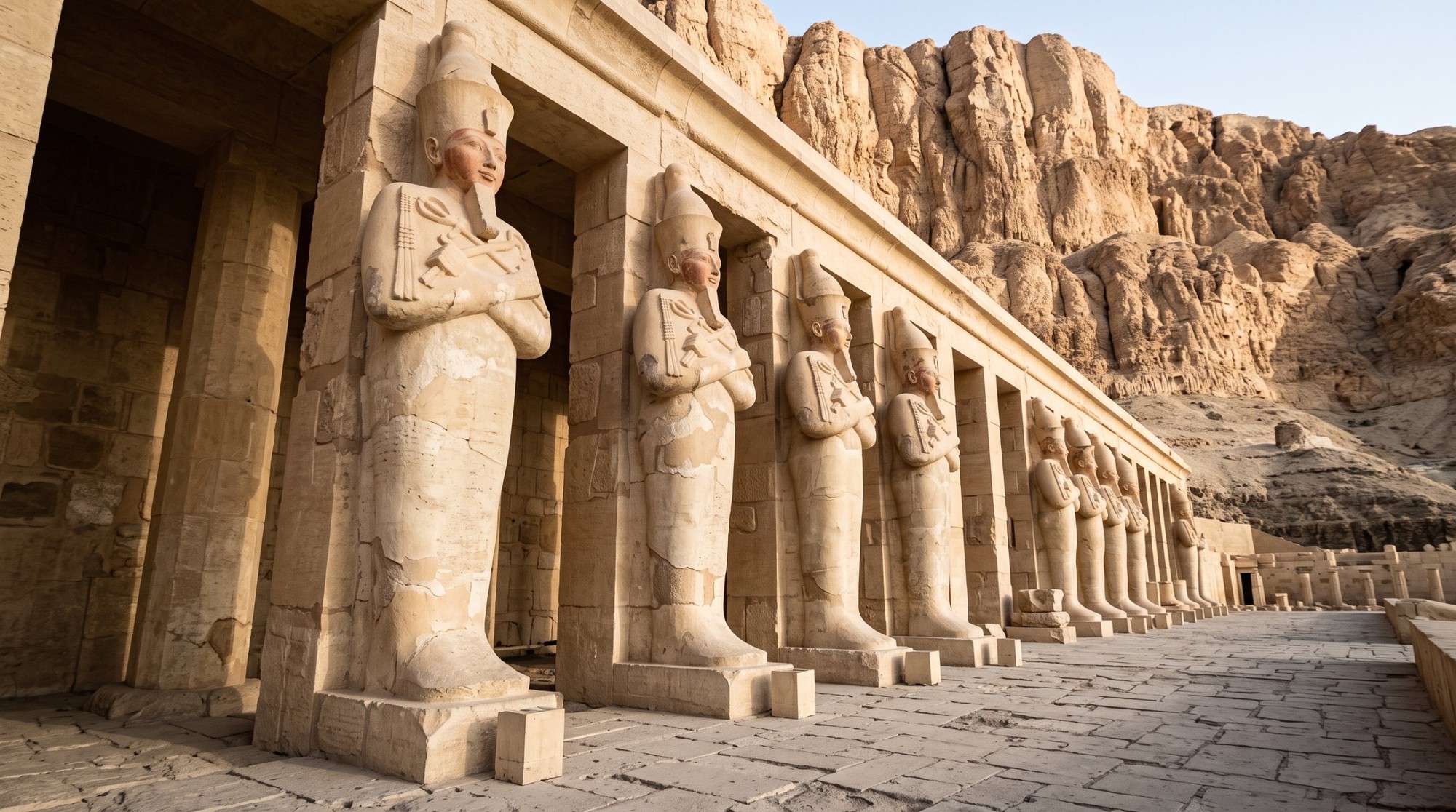 معبد حتشبسوت 2026: سعر التذكرة للمصريين والمواعيد ودليل زيارة الدير البحري 4 صف تماثيل أوزيريس الضخمة المتلصقة بأعمدة رواق الشرفة العليا في معبد حتشبسوت قدام جرف الجبل