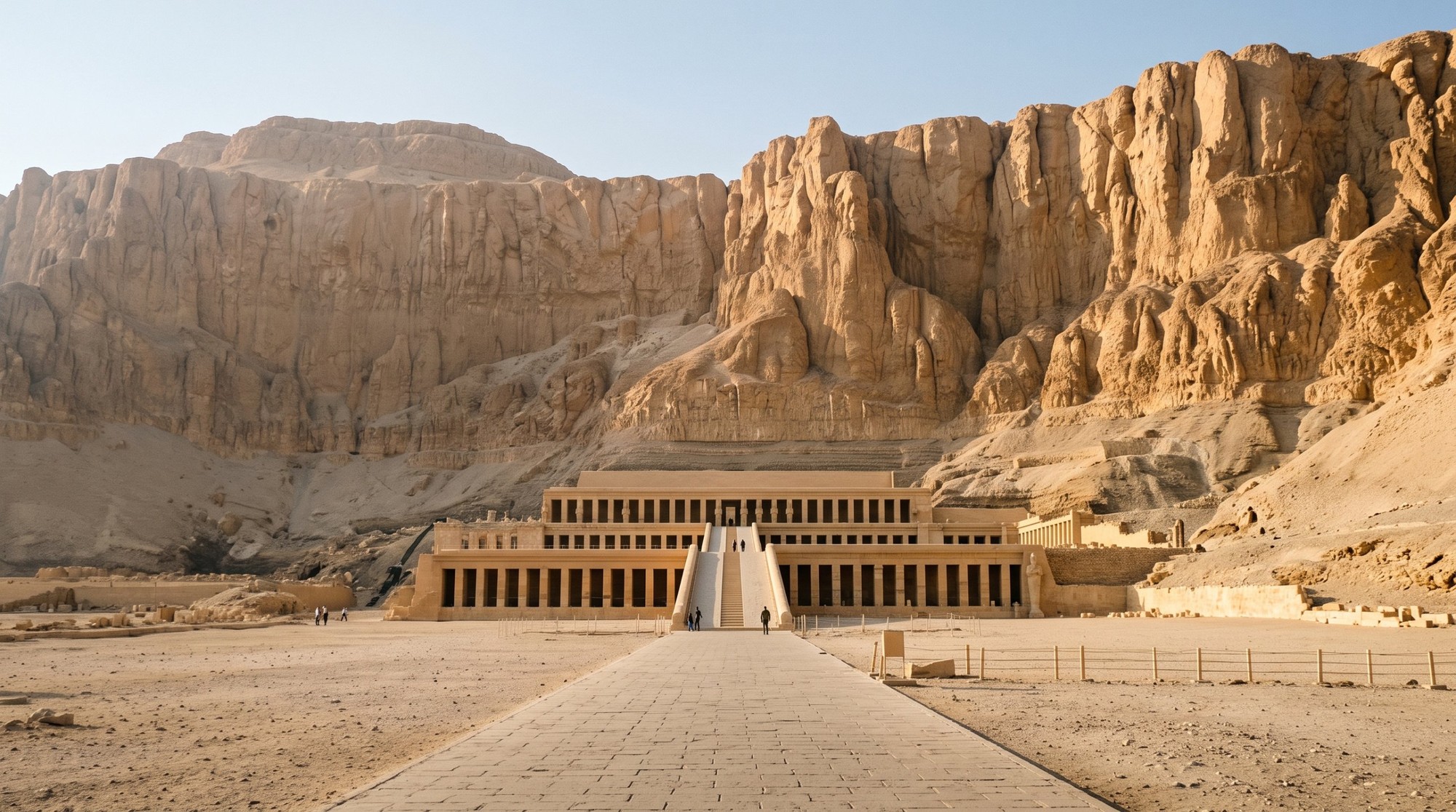 معبد حتشبسوت 2026: سعر التذكرة للمصريين والمواعيد ودليل زيارة الدير البحري 2 واجهة معبد حتشبسوت في الدير البحري بشرفاته تحت جرف الجبل، وقدامه طريق حجري طويل بيوصل للمنحدر الأوسط