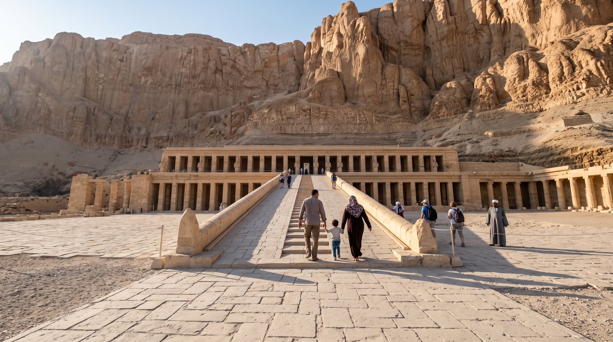 معبد حتشبسوت 2026: سعر التذكرة للمصريين والمواعيد ودليل زيارة الدير البحري 8 زوار منهم عيلة طالعين المنحدر الأوسط في معبد حتشبسوت ناحية الشرفة العليا