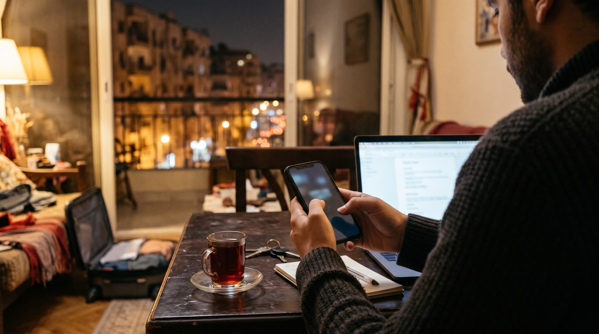 شريحة هولافلاي الإلكترونية 2026: إنترنت غير محدود من أول ما تنزل في أكتر من 200 وجهة 6 مسافر قاعد على ترابيزة في البيت بالليل ماسك موبايله جنب لابتوب وكوباية شاي، وشنطة السفر مفتوحة جنبه قبل الرحلة
