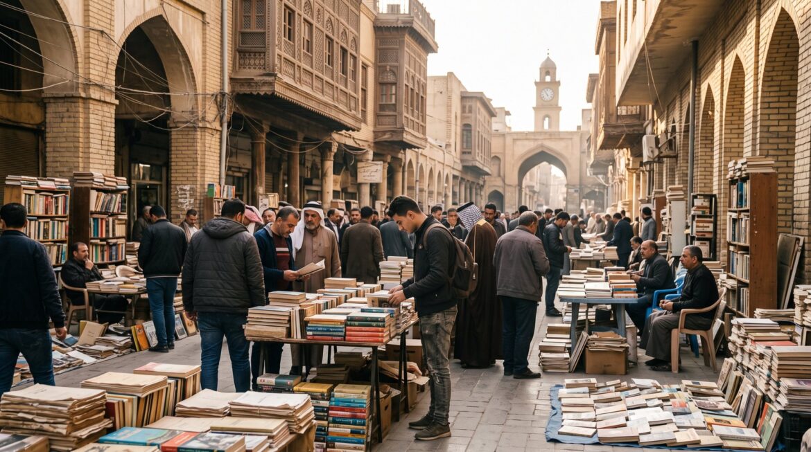 تكلفة السفر إلى العراق: شارع المتنبي في بغداد وزحمة ناس حوالين بسطات الكتب، وشاب بشنطة ظهر بيقلّب في كتاب، وبرج الساعة وقوس القشلة في آخر الشارع