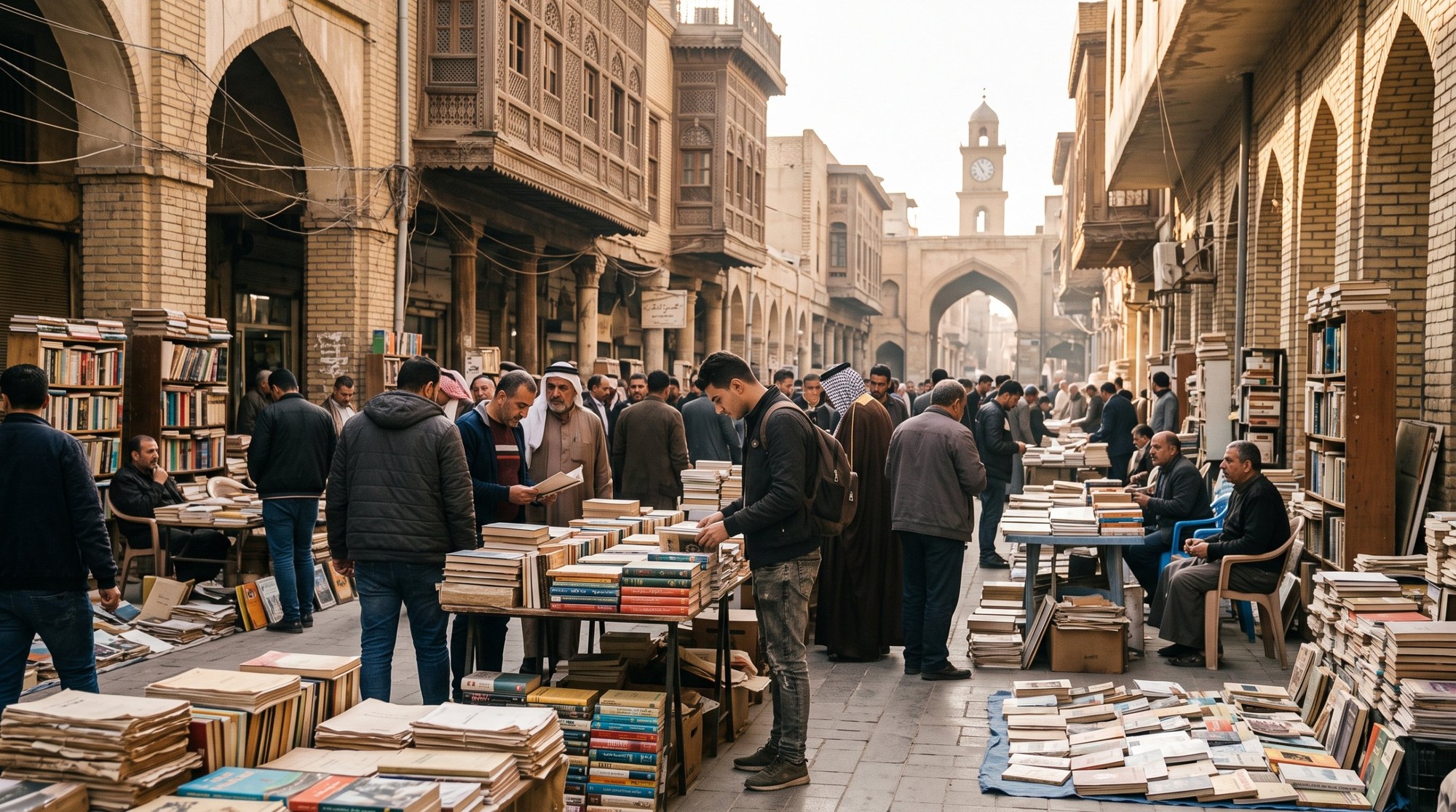تكلفة السفر إلى العراق: شارع المتنبي في بغداد وزحمة ناس حوالين بسطات الكتب، وشاب بشنطة ظهر بيقلّب في كتاب، وبرج الساعة وقوس القشلة في آخر الشارع