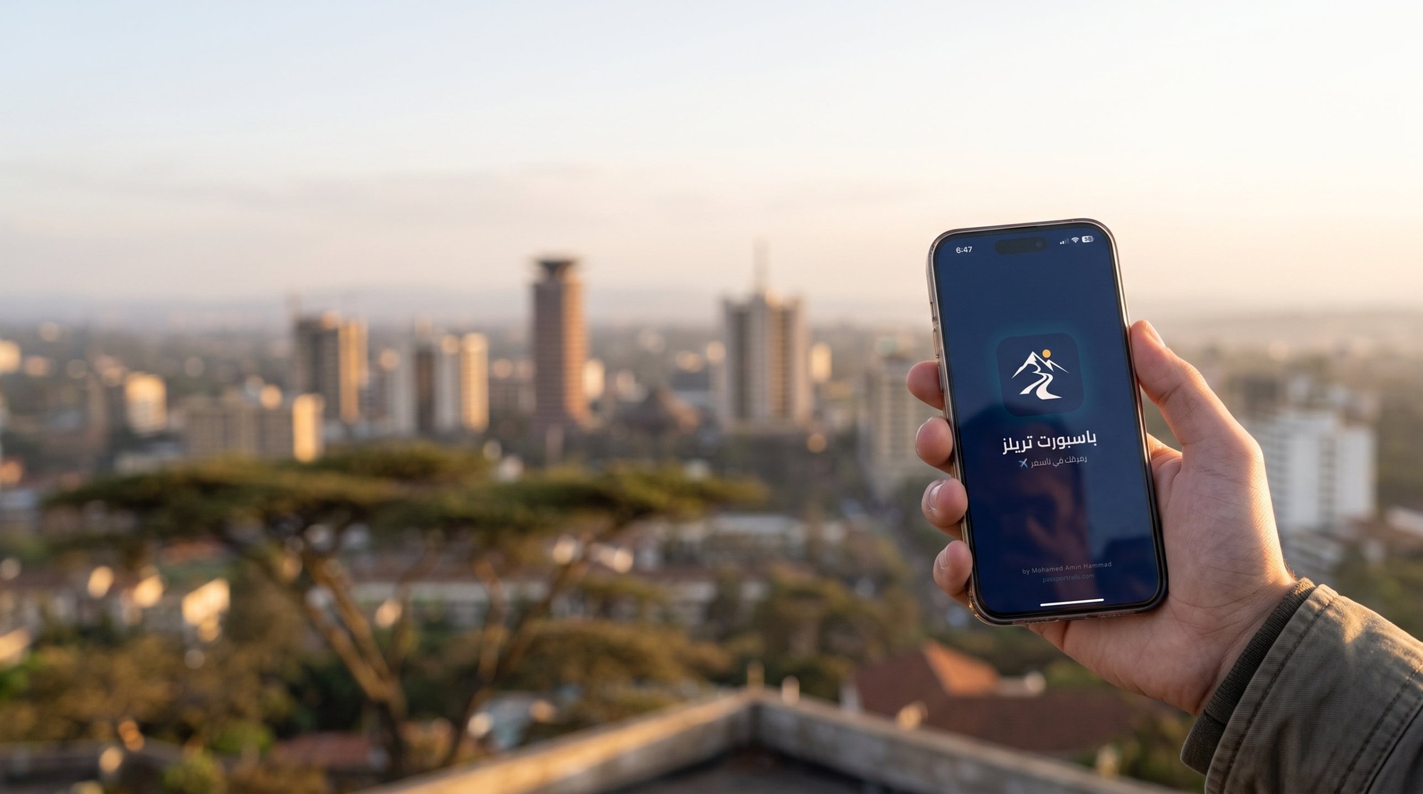 🇰🇪 فيزا كينيا للمصريين 2026: دخول بدون eTA لحد 60 يوم وشرط التأمين الصحي الجديد 6 إيد ماسكة موبايل على شاشته الشاشة الافتتاحية لتطبيق Passport Trails، وخلفها أفق نيروبي المموّه وشجرة أكاسيا في ضوء الغروب