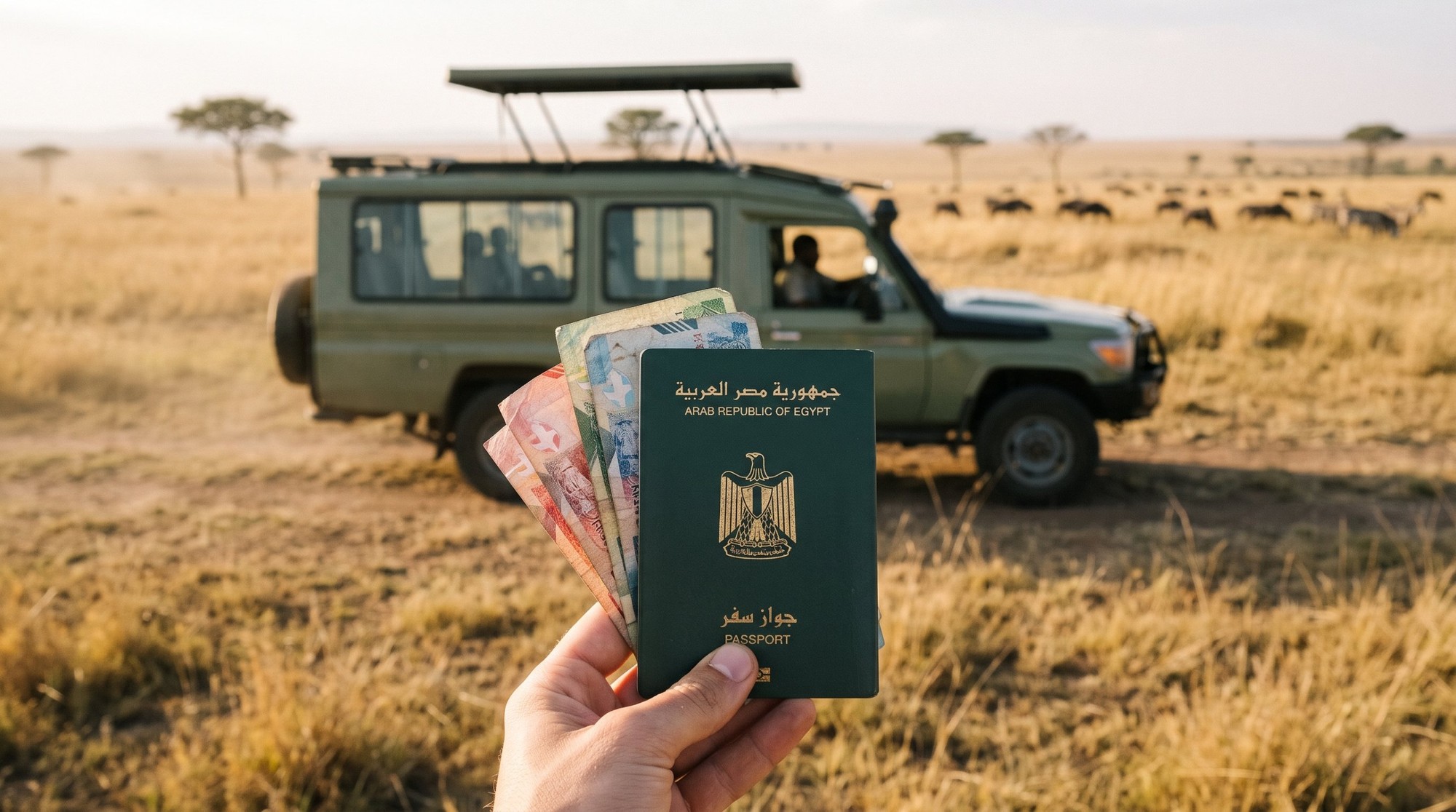 تكلفة السفر إلى كينيا: إيد ماسكة باسبور مصري وفلوس شلن كيني قدام عربية سفاري سقفها مرفوع وقطيع نو في سهول ماساي مارا