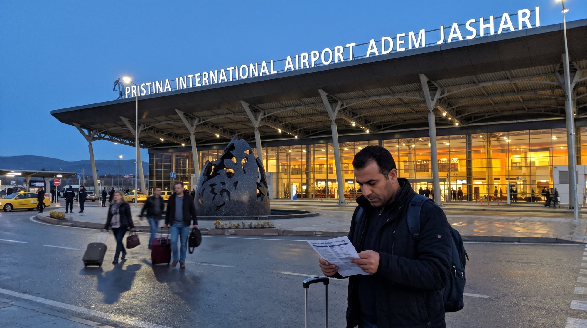 مسافر بشنطة ضهر بيقرا ورقة مطبوعة قدام مبنى مطار بريشتينا الدولي آدم ياشاري وقت المغرب، ومسافرين خارجين بشنطهم ناحية التاكسيات