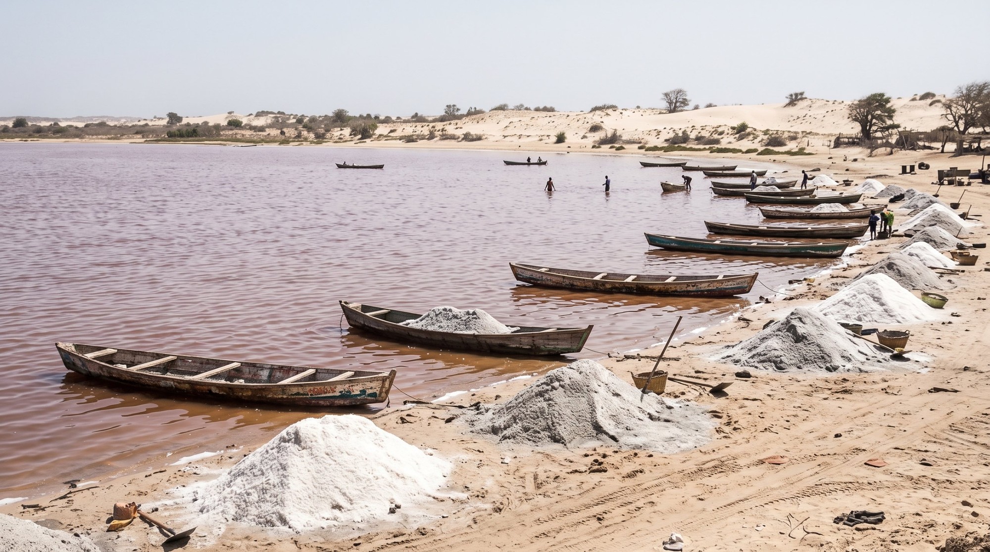 🇸🇳 تكلفة السفر إلى السنغال 2026 من مصر: ميزانية أسبوع في داكار بالجنيه والفرنك 6 البحيرة الوردية ريتبا قرب داكار ومراكب جمع الملح وأكوام الملح على الشط والكثبان في الخلفية