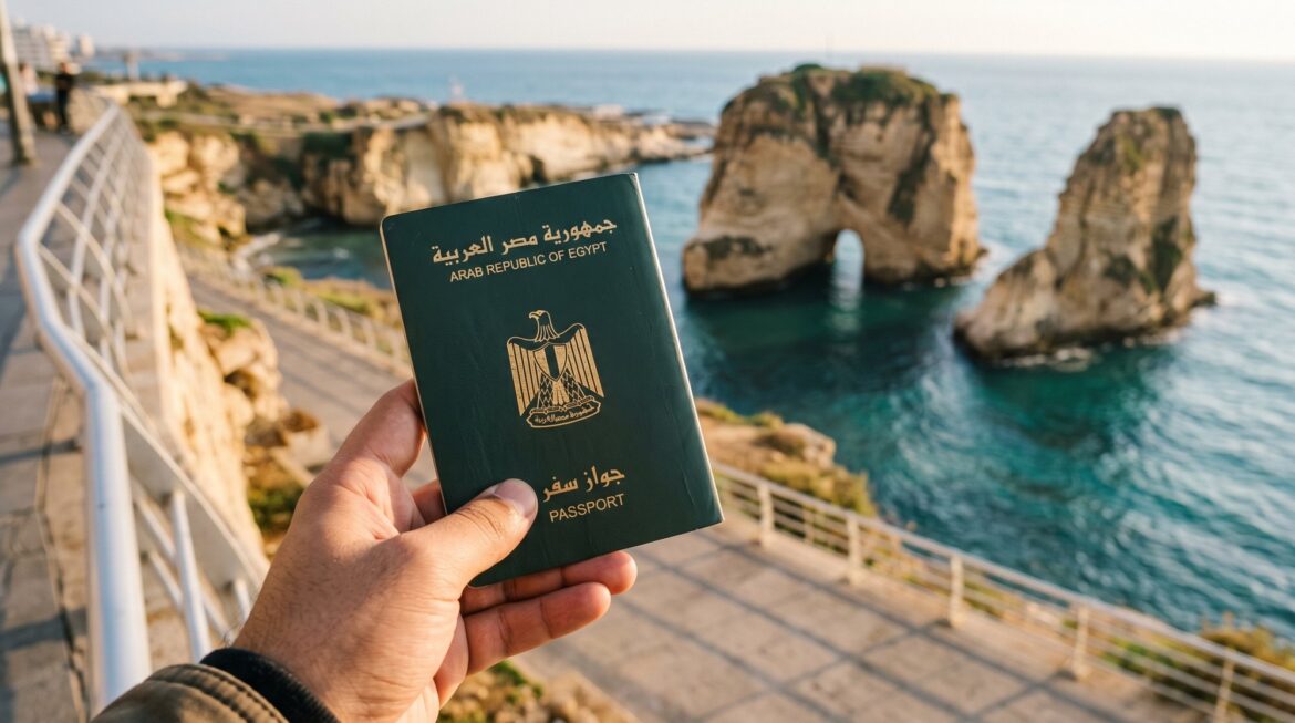 فيزا لبنان للمصريين: جواز سفر مصري أخضر في إيد مسافر وصخور الروشة والبحر المتوسط ورا في بيروت