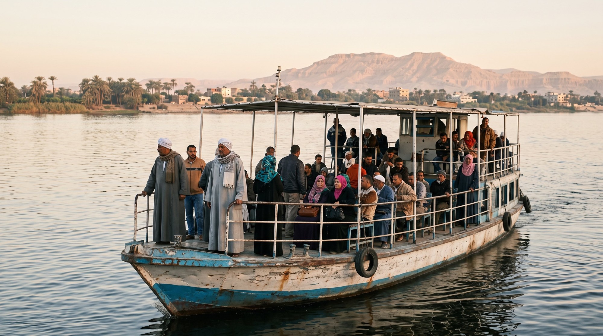 معبد حتشبسوت 2026: سعر التذكرة للمصريين والمواعيد ودليل زيارة الدير البحري 6 المعدية العامة بتعدي النيل في الأقصر وعليها ركاب محليين، وجبال البر الغربي ظاهرة في الخلفية