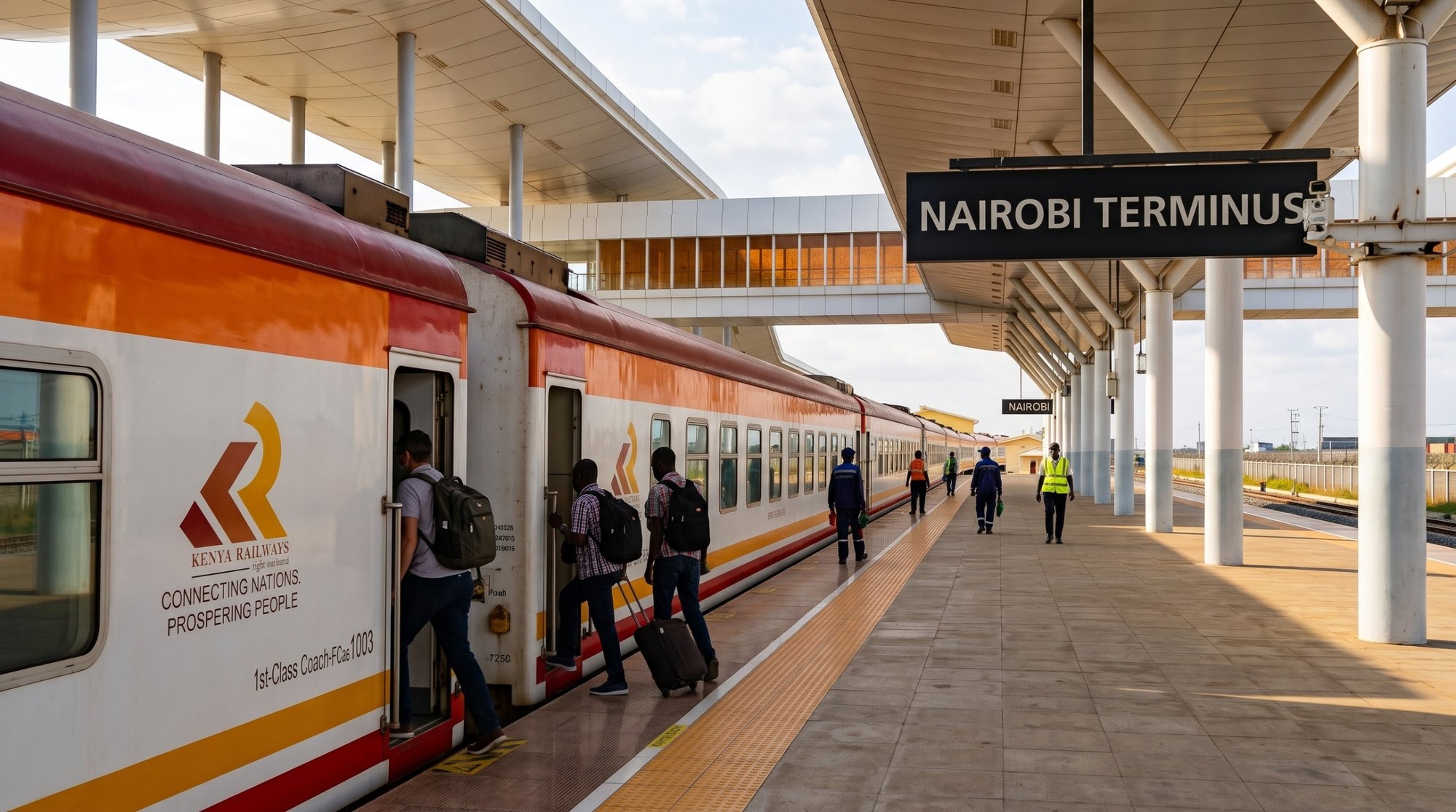 ركاب بشنطهم بيطلعوا قطر مداراكا إكسبريس على رصيف محطة Nairobi Terminus في نيروبي