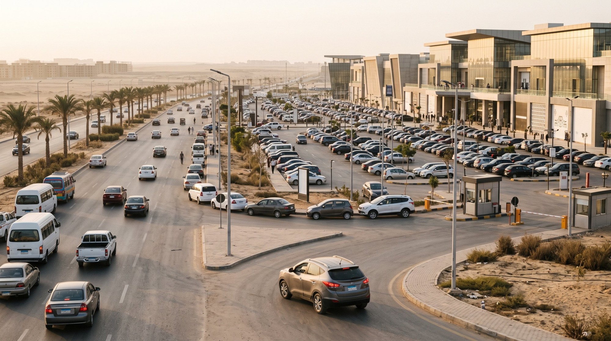 طريق عريض فيه نخيل على حافة الصحرا وموقف عربيات مول كبير وقت الغروب، وعربية داخلة ناحيته