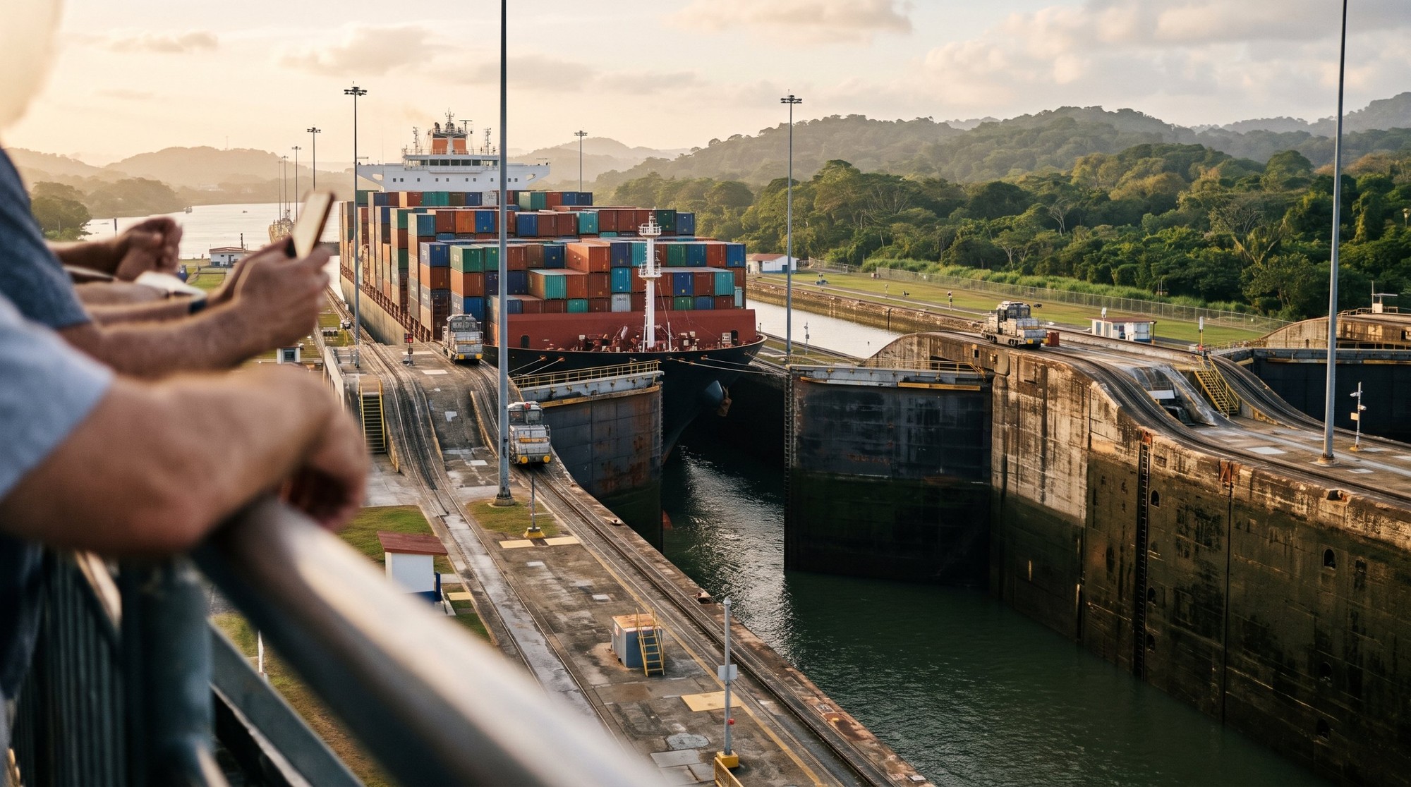 🇵🇦 تكلفة السفر إلى بنما 2026 من مصر: 8 أيام بين القناة وسان بلاس بالجنيه والدولار 5 سفينة حاويات كبيرة جوه هويس ميرافلوريس في قناة بنما والقاطرات على القضبان جنبها، والزوار بيتفرجوا من الشرفة