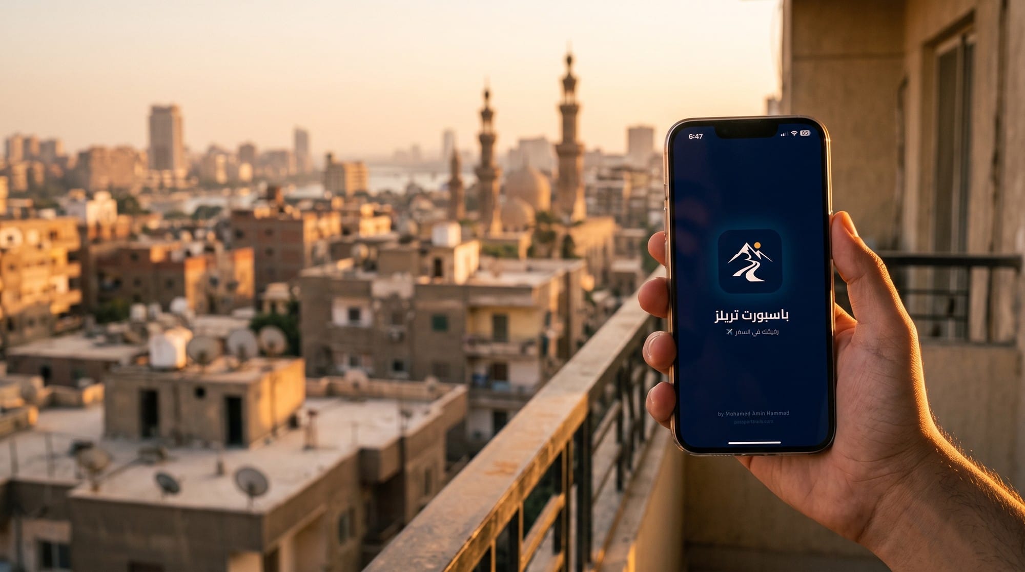 جمارك الموبايل 2026: رسوم الموبايل والأجهزة الجاية من الخارج وإزاي تسجلها في تطبيق تليفوني 19 إيد ماسكة موبايل على بلكونة بتطل على سطوح مباني ومآذن وقت الغروب، وعلى شاشته شاشة البداية لتطبيق باسبورت تريلز