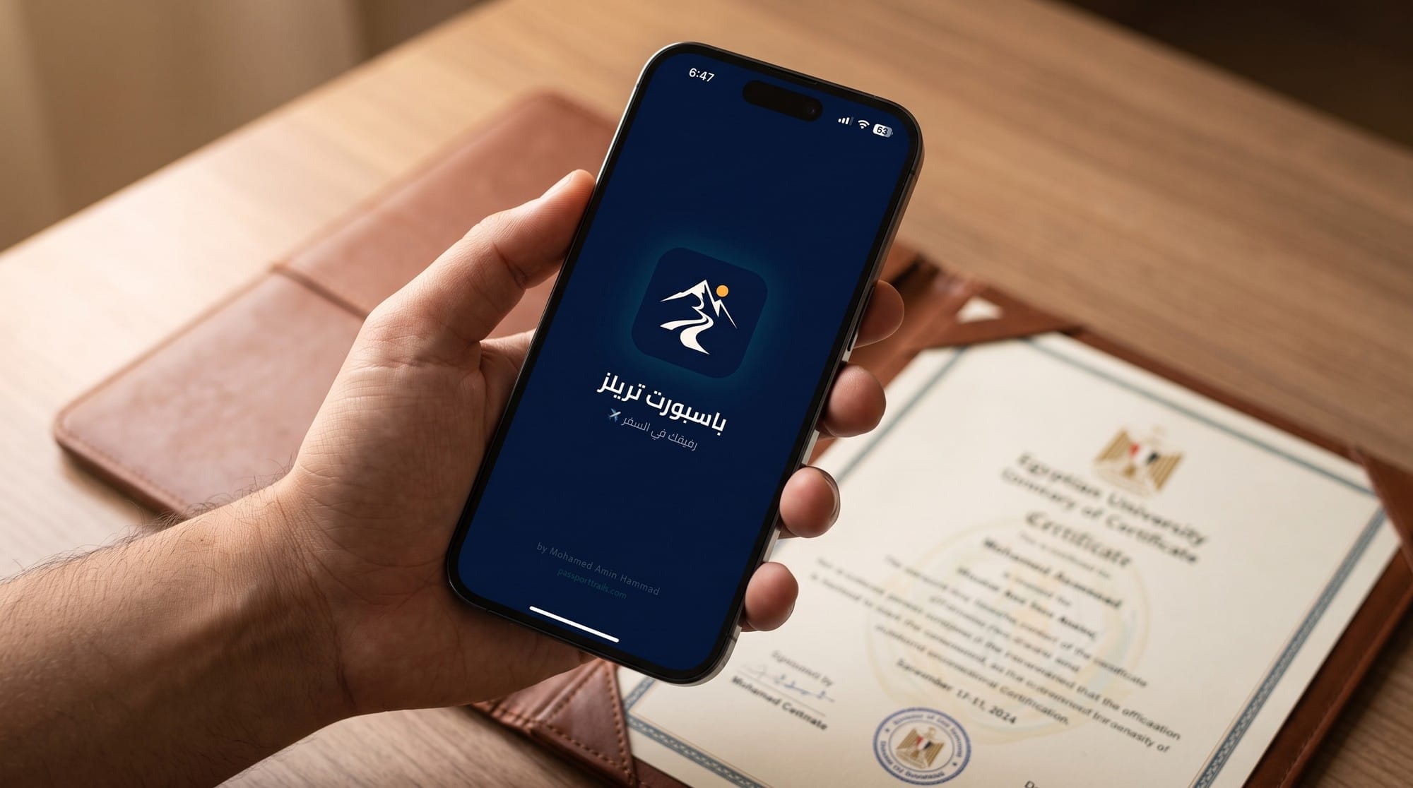 إيد ماسكة موبايل عليه شاشة تطبيق Passport Trails وقدامه شهادة في غلاف جلد