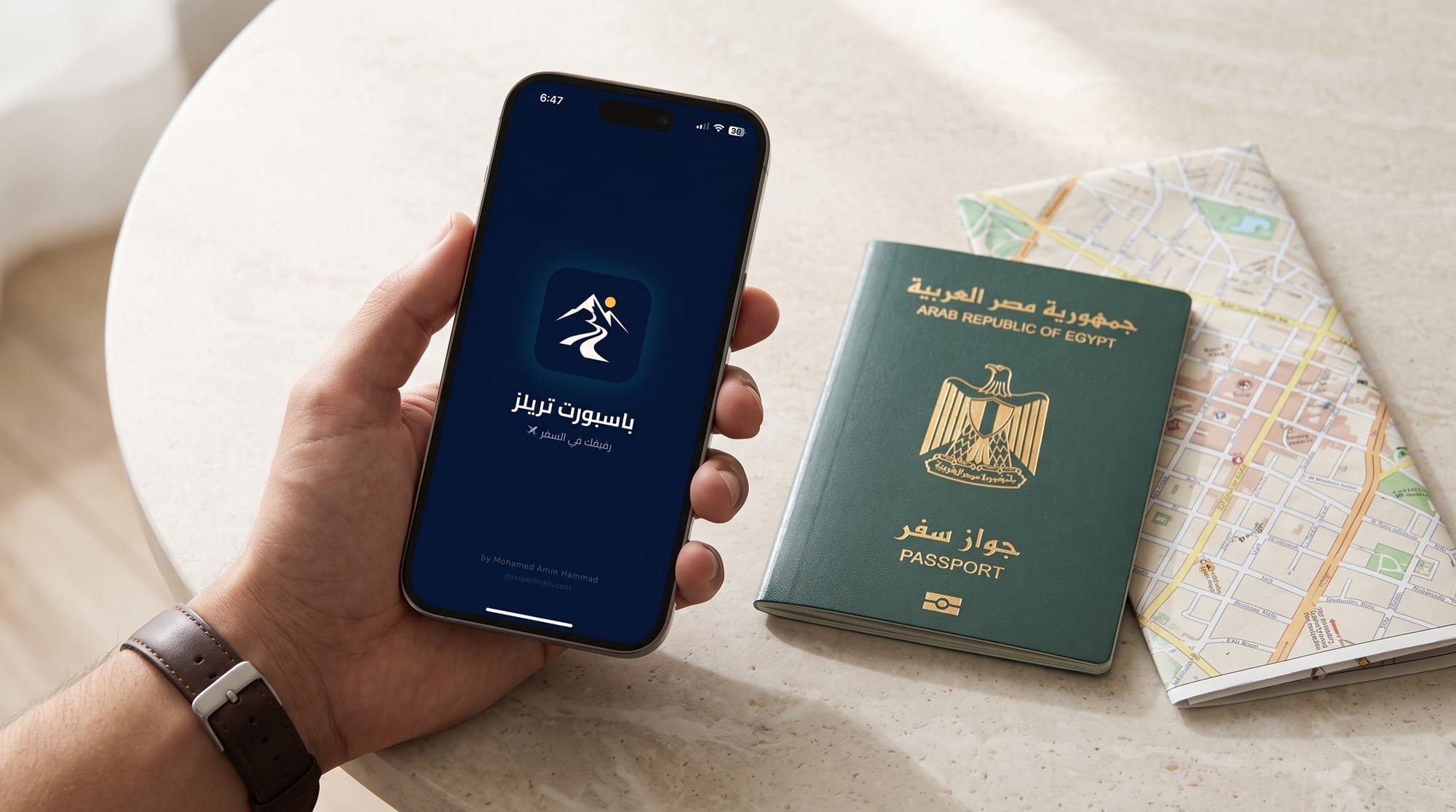الأوراق المطلوبة لاستخراج جواز السفر المصري 2026: الرسوم والخطوات وجواز الأطفال 8 موبايل عليه شاشة تطبيق Passport Trails في إيد مسافر مصري جنب جواز سفر أخضر وخريطة