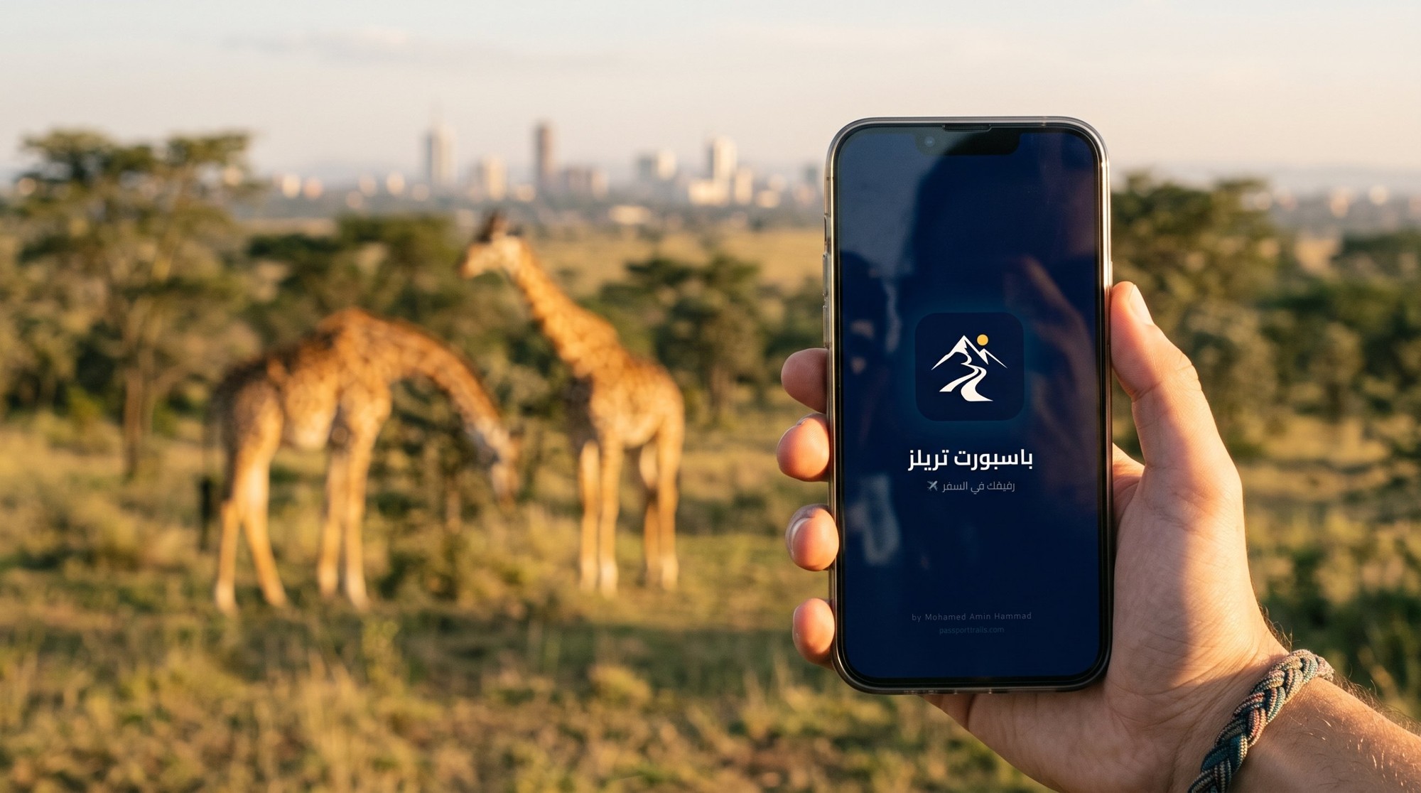 موبايل عليه شاشة تطبيق Passport Trails في إيد مسافر قدام زرافتين في حديقة نيروبي الوطنية وأبراج المدينة في الخلفية