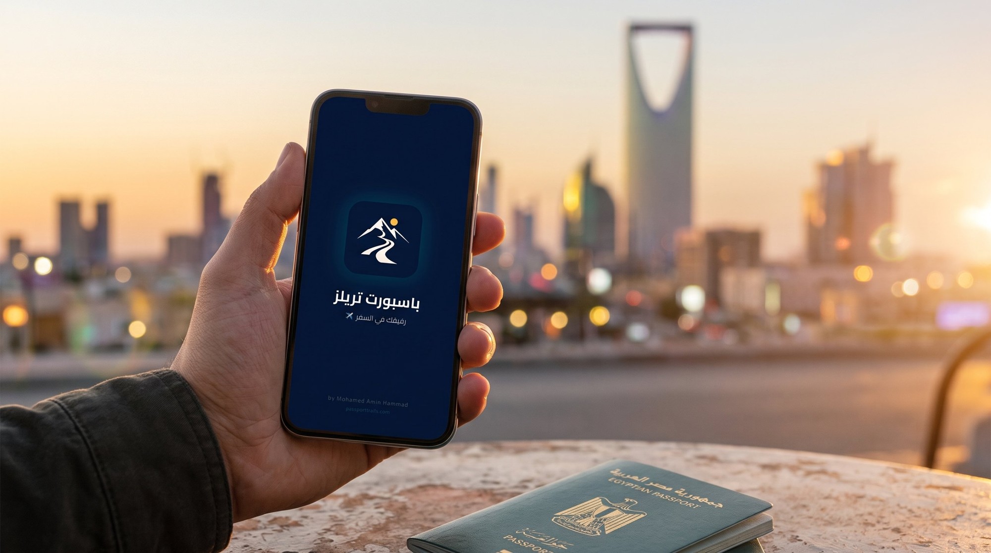 🇸🇦 فيزا العمل في السعودية للمصريين 2026: الشروط والأوراق والرسوم خطوة بخطوة 8 تطبيق باسبورت تريلز على موبايل في إيد مسافر مصري قدام برج المملكة في الرياض وقت الغروب، وجنبه جواز السفر المصري