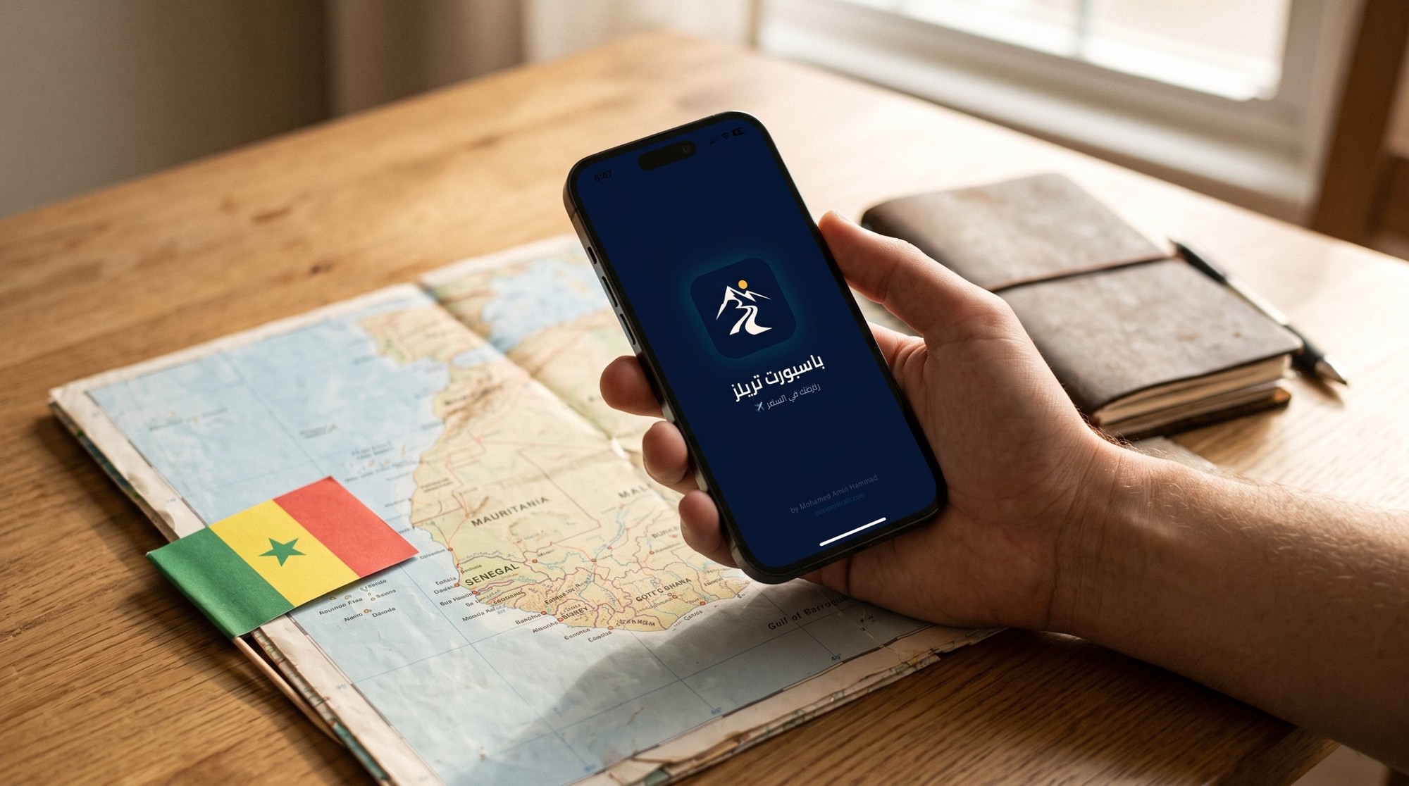 موبايل عليه شاشة تطبيق Passport Trails فوق خريطة غرب أفريقيا وعلم السنغال لتخطيط رحلة السنغال