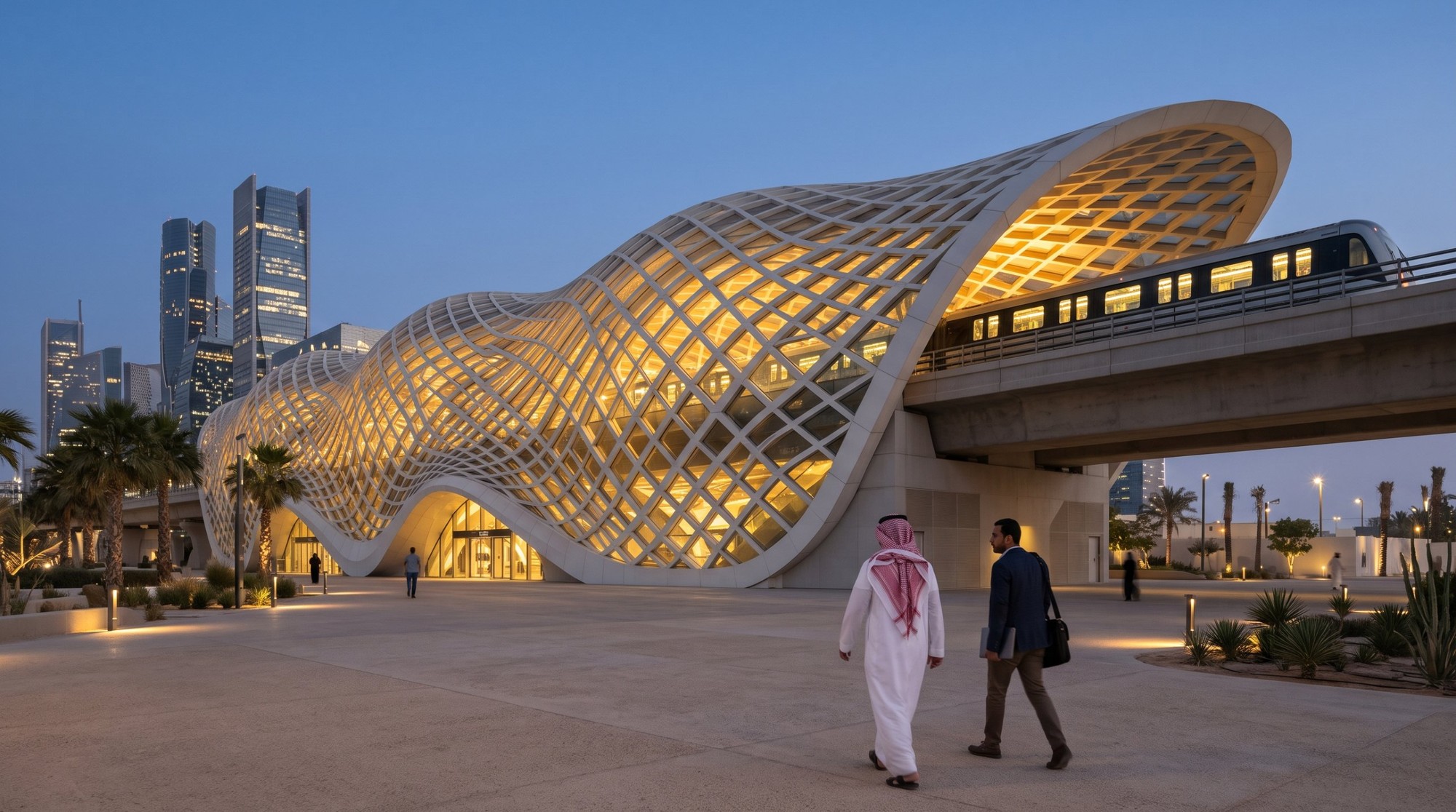 🇸🇦 فيزا العمل في السعودية للمصريين 2026: الشروط والأوراق والرسوم خطوة بخطوة 7 موظف سعودي وزميله ماشيين ناحية محطة مترو مركز الملك عبدالله المالي في الرياض بواجهتها المتموجة المنورة والقطار فوق الجسر