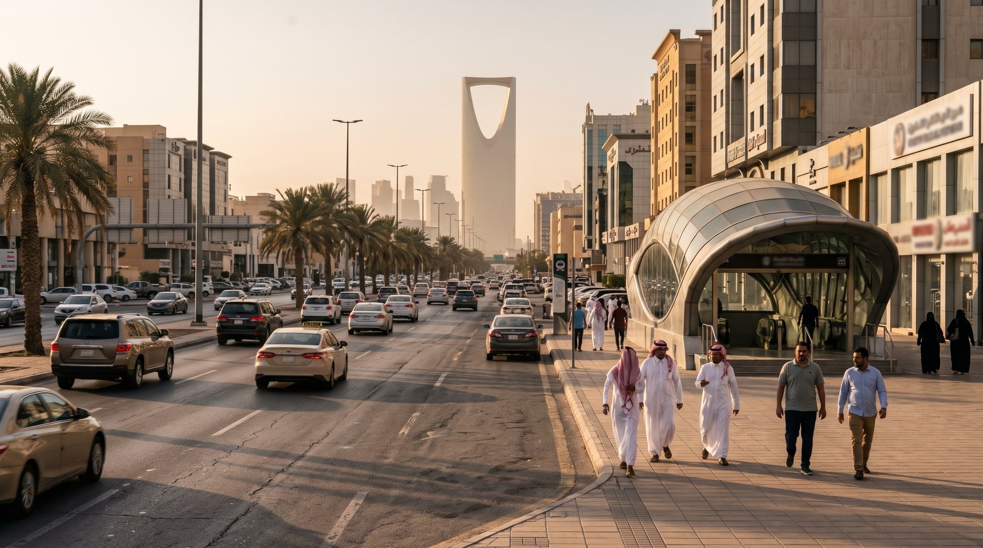 شارع واسع في الرياض وقت المغرب بالنخل على الجنبين وبرج المملكة في آخره، ومدخل محطة مترو بقبة إزاز على الرصيف ورجالة ماشيين جنبه