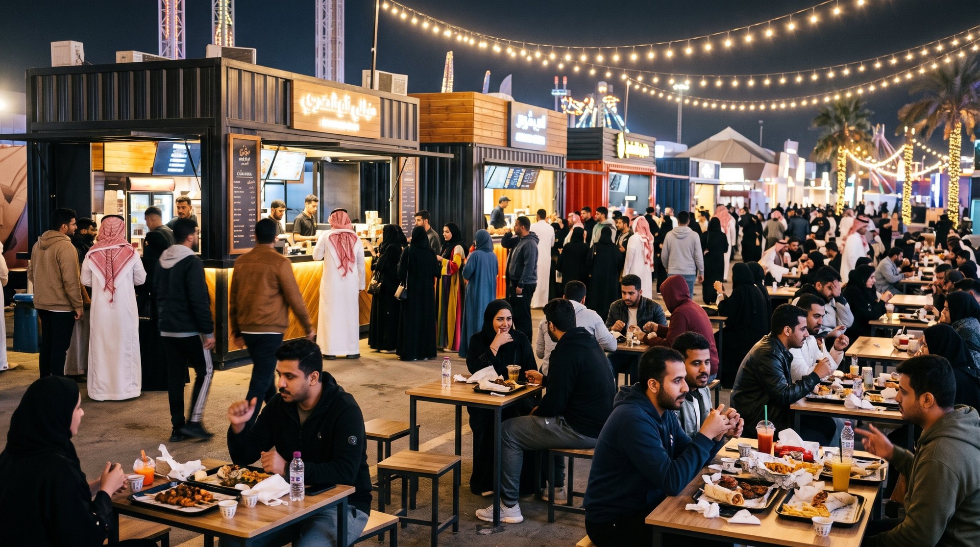 ساحة أكل بالليل فيها أكشاك من كونتينرات وطوابير قدامها، وترابيزات مليانة ناس قدامهم مشاوي وشاورما وبطاطس وعصاير تحت حبال أنوار