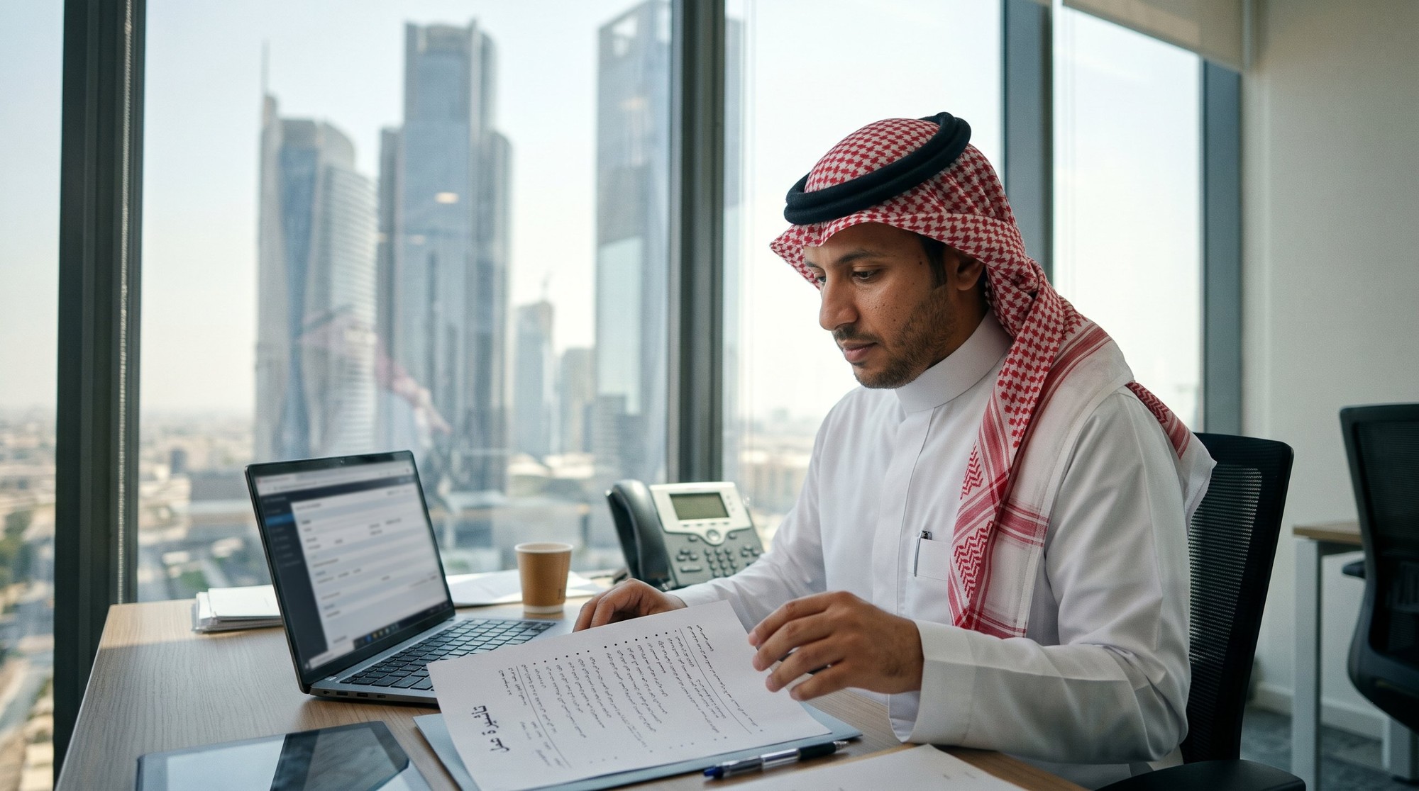 🇸🇦 فيزا العمل في السعودية للمصريين 2026: الشروط والأوراق والرسوم خطوة بخطوة 3 موظف سعودي في مكتب بالرياض بيراجع ورقة عنوانها تأشيرة عمل جنب اللابتوب، والأبراج باينة من الشباك