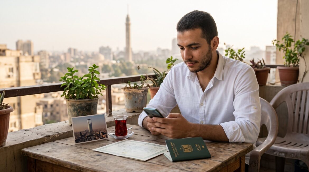 فيزا العمل في السعودية: شاب مصري في بلكونة بيته في القاهرة قدام برج القاهرة بيتابع على الموبايل، وجنبه جواز سفره وشهادته وصورة لبرج المملكة في الرياض