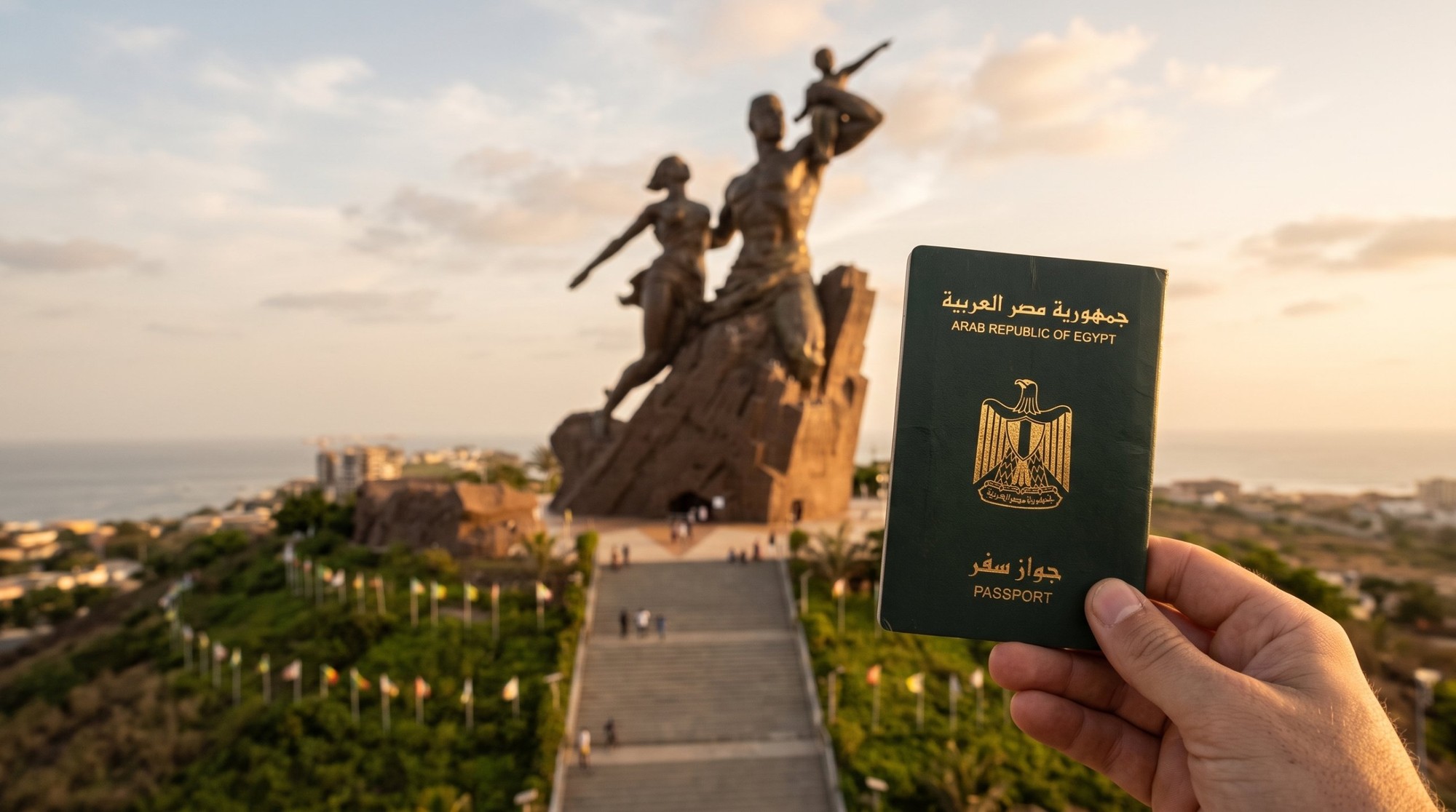 فيزا السنغال للمصريين: إيد ماسكة جواز سفر مصري أخضر قدام نصب النهضة الأفريقية في داكار وقت الغروب