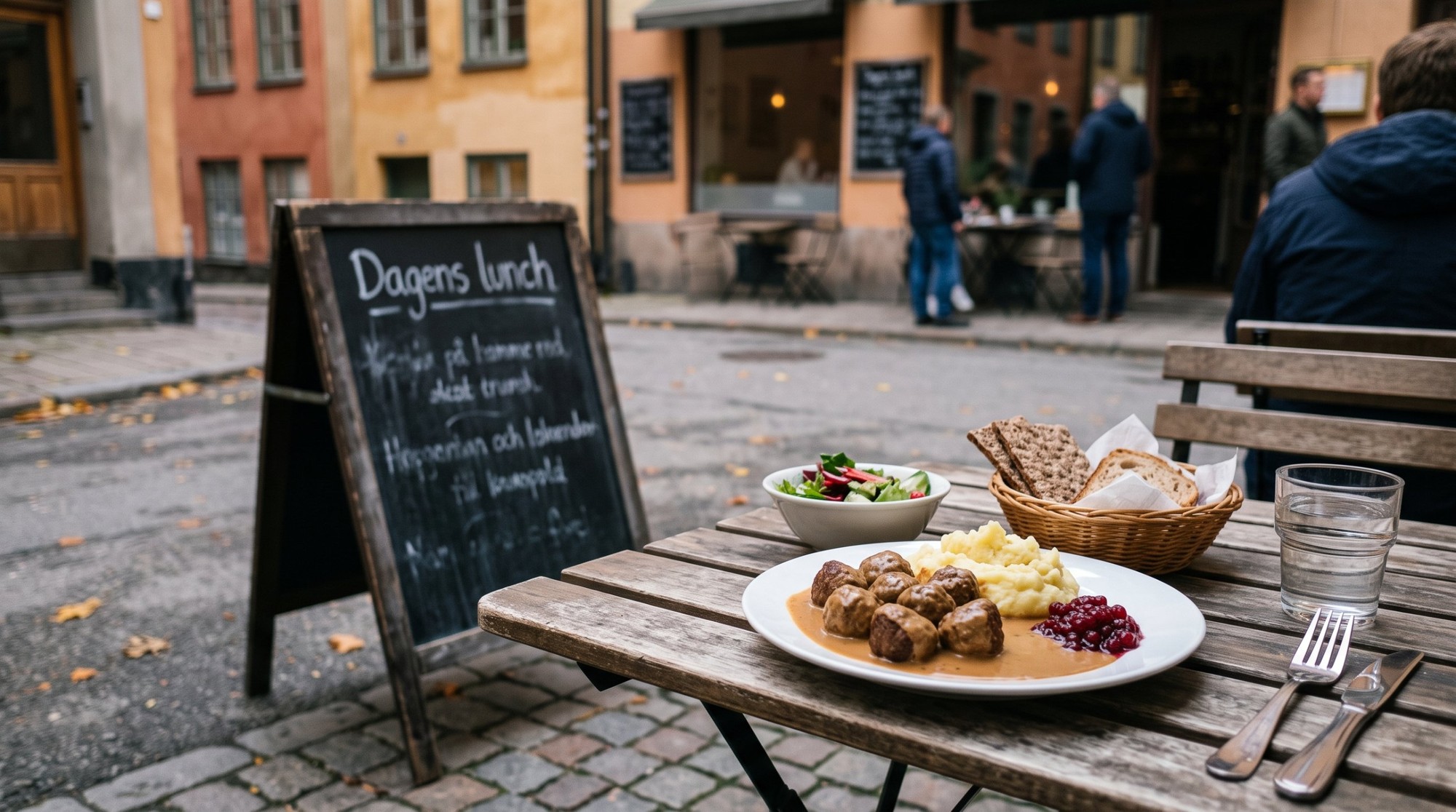 🇸🇪 تكلفة السفر إلى السويد 2026 من مصر: ميزانية أسبوع في ستوكهولم بالجنيه والكرونة 6 سبورة مكتوب عليها Dagens lunch جنب ترابيزة خشب برا مطعم في ستوكهولم عليها طبق كفتة سويدي ببطاطس مهروسة وصوص ولينجون وسلطة وسبت عيش