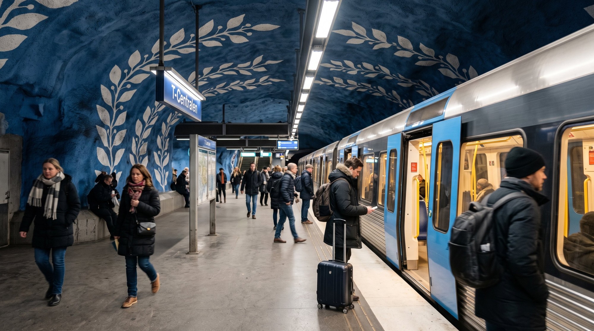 🇸🇪 تكلفة السفر إلى السويد 2026 من مصر: ميزانية أسبوع في ستوكهولم بالجنيه والكرونة 4 مسافر معاه شنطة سفر واقف جنب باب قطر المترو المفتوح على رصيف محطة تي سنترالن في ستوكهولم بسقفها الصخري الأزرق المرسوم بأوراق شجر بيضا