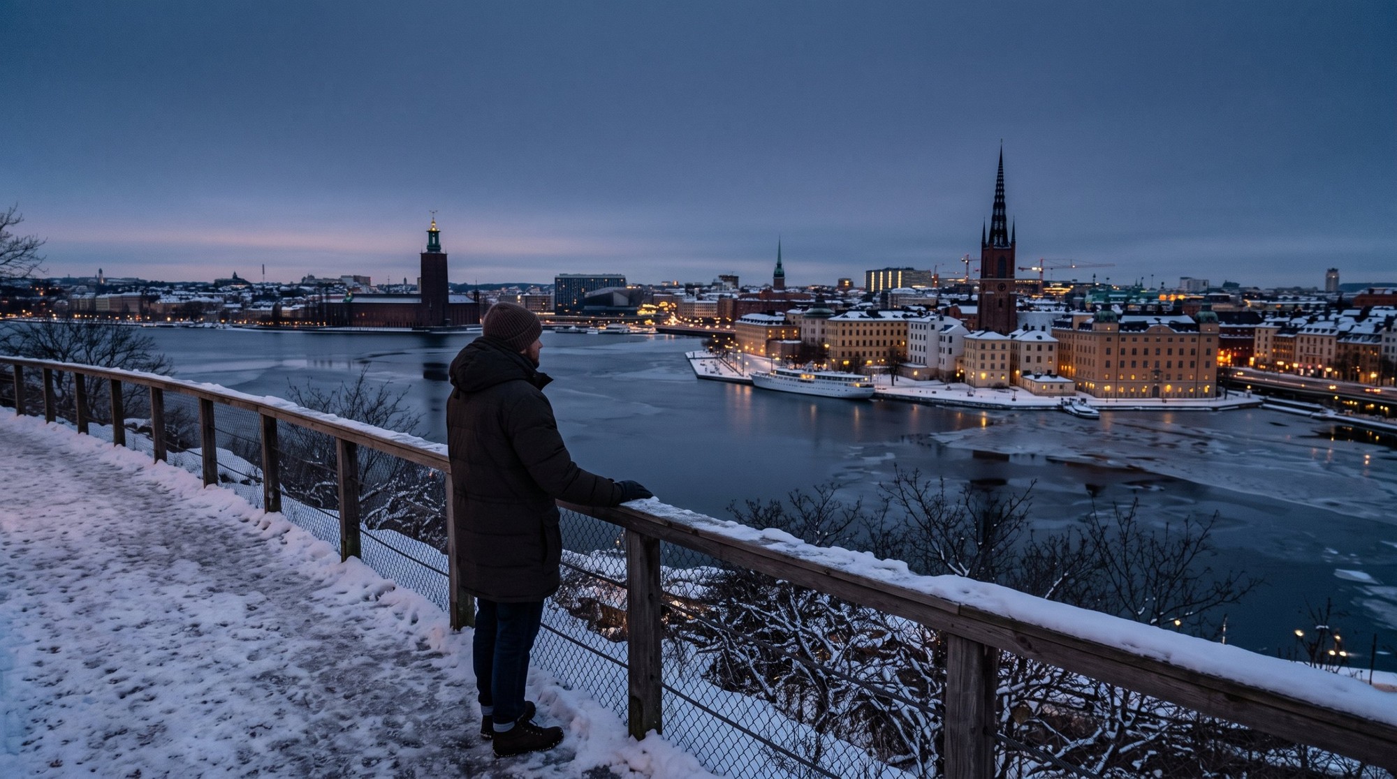 🇸🇪 تكلفة السفر إلى السويد 2026 من مصر: ميزانية أسبوع في ستوكهولم بالجنيه والكرونة 8 مسافر لابس بالطو وطاقية واقف على سور خشب متغطي تلج في مونتيليوسفيجن بيبص على ستوكهولم في الشتا ببرج دار البلدية وكنيسة ريدارهولمن والمية متلجة