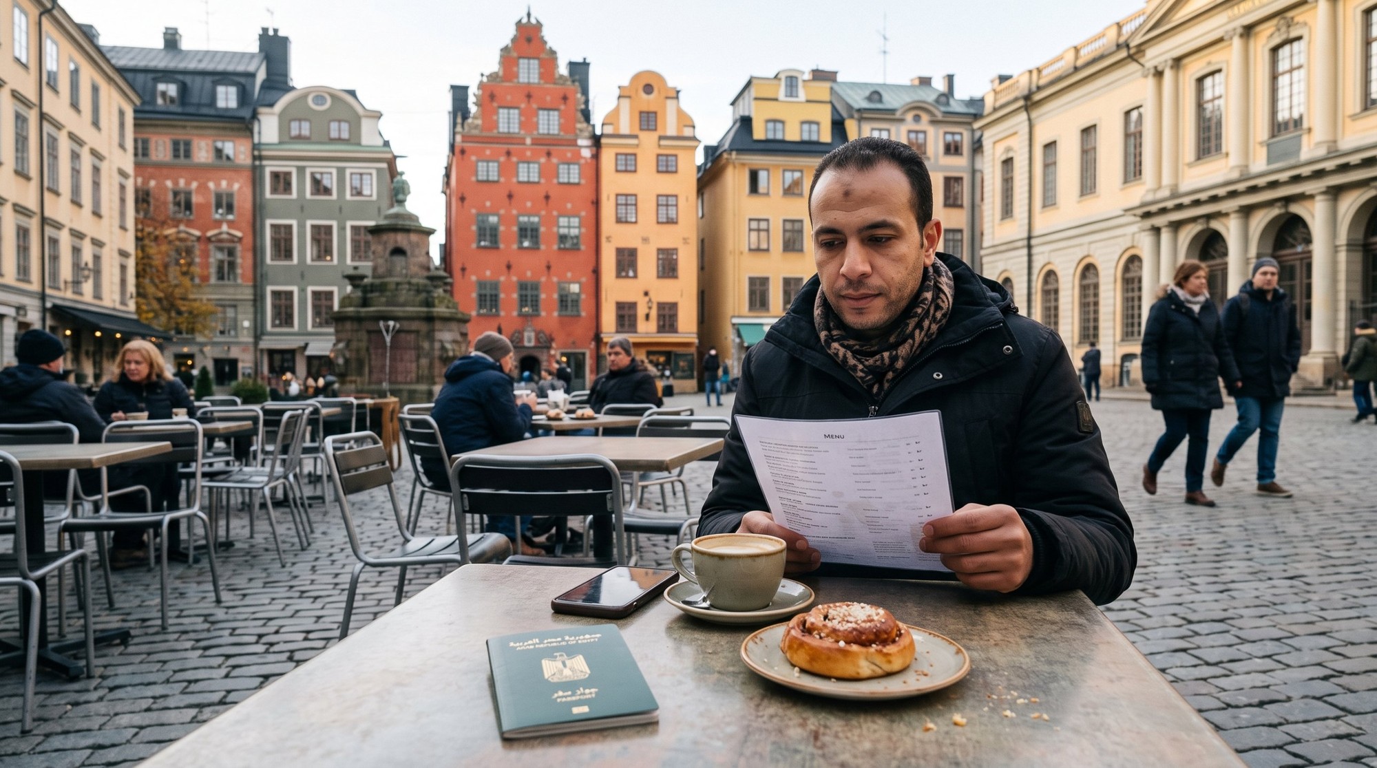 🇸🇪 تكلفة السفر إلى السويد 2026 من مصر: ميزانية أسبوع في ستوكهولم بالجنيه والكرونة 2 مسافر مصري بيقرا منيو كافيه في ميدان ستورتورجت بجاملا ستان وقدامه قهوة وكانيلبوله وباسبور مصري وهو بيحسب تكلفة السفر إلى السويد