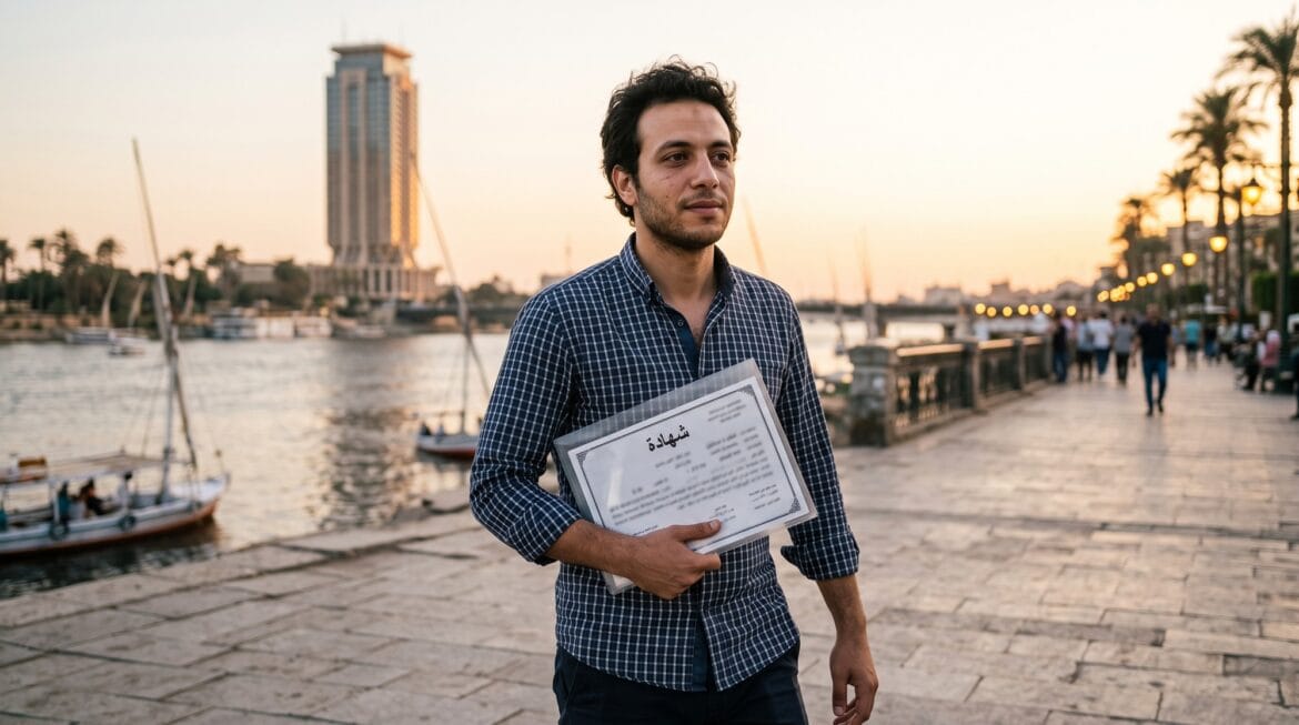 توثيق الشهادات من الخارجية: شاب مصري ماسك ملف شفاف فيه شهادة وماشي على كورنيش النيل وقت الغروب وفي الخلفية برج مطل على النهر