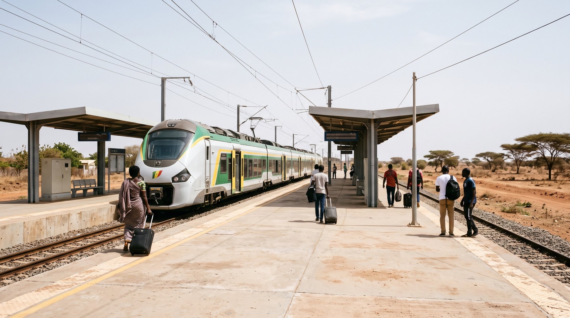 🇸🇳 تكلفة السفر إلى السنغال 2026 من مصر: ميزانية أسبوع في داكار بالجنيه والفرنك 3 القطر السريع TER واقف على رصيف محطة على خط داكار والمطار ومسافرين بشنطهم