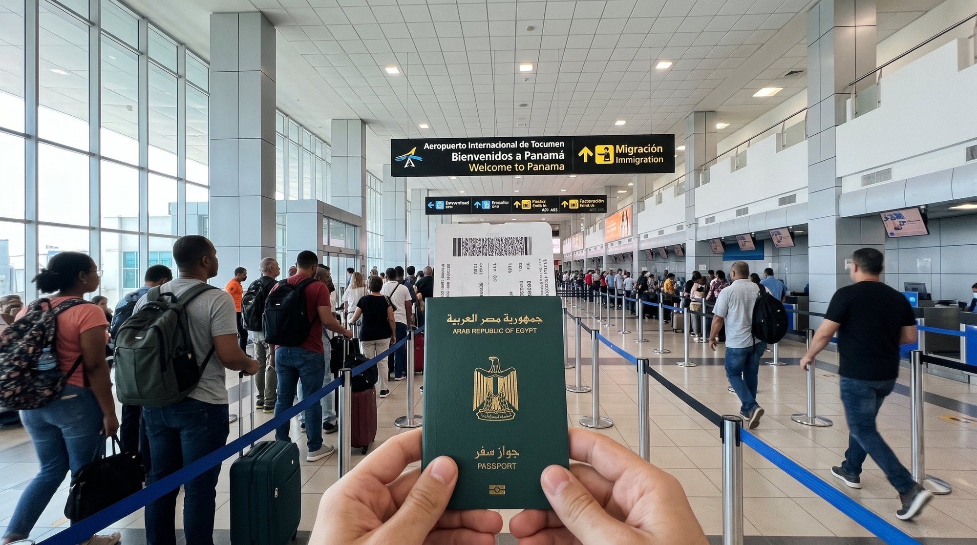 إيدين ماسكين جواز سفر مصري وكارت صعود في طابور الهجرة بمطار توكومين الدولي في بنما تحت لافتة الترحيب