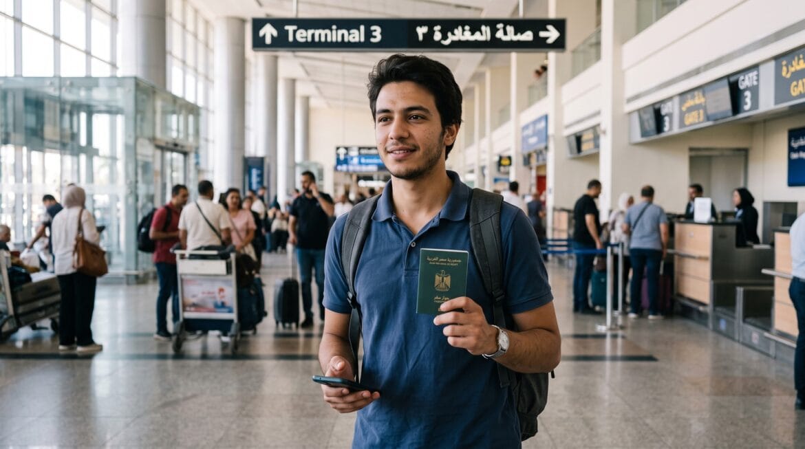 استخراج تصريح السفر من التجنيد قبل الرحلة: شاب مصري ماسك جواز سفره وموبايله في صالة المغادرة بمطار القاهرة