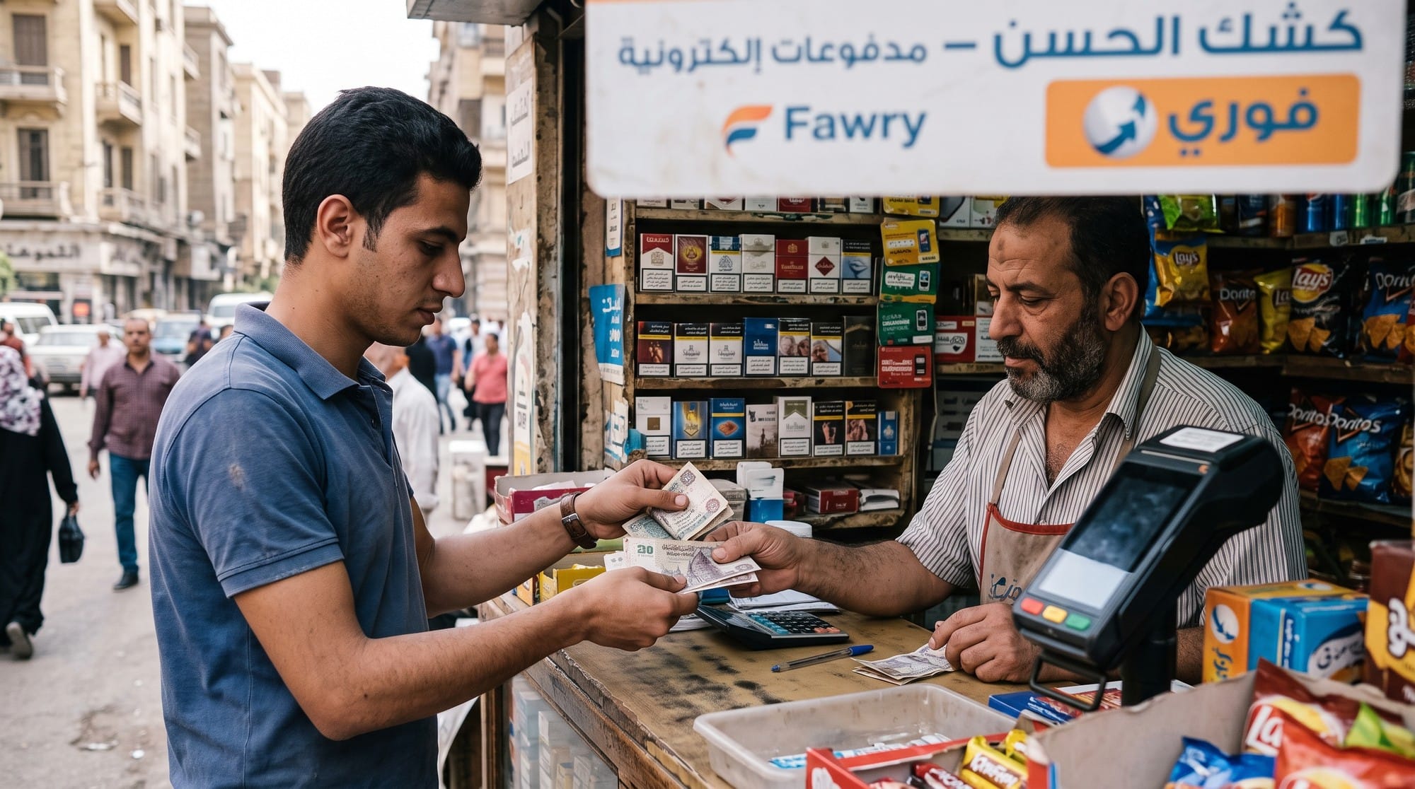 شاب بيدفع فلوس كاش لصاحب كشك عليه لافتة فوري للمدفوعات الإلكترونية في شارع بالقاهرة
