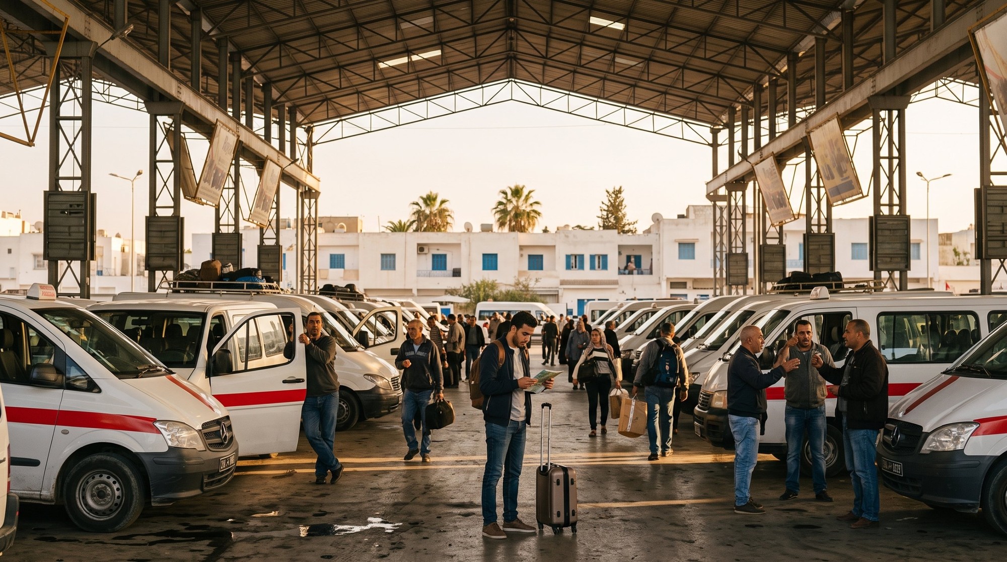 🇹🇳 تكلفة السفر إلى تونس 2026 من مصر: ميزانية 7 أيام بالجنيه والدولار والدينار 5 محطة لواج مسقوفة في تونس العاصمة فيها صفين عربيات لواج بيضا بشريط أحمر، ومسافر شاب بشنطة ضهر وشنطة سفر بيبص في خريطة وسط السواقين والركاب