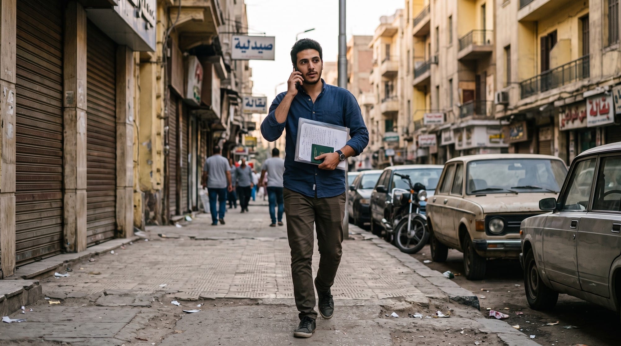 شاب ماسك ملف أوراق وجواز سفره وبيتكلم في الموبايل وهو ماشي في شارع بالقاهرة