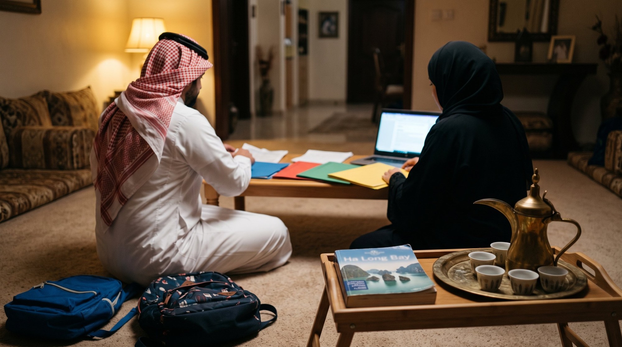 زوج وزوجة سعوديين بيرتبوا أربع ملفات ملونة لكل فرد في العيلة جنب لابتوب ودليل سفر لخليج ها لونج