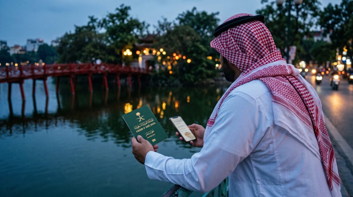 مسافر سعودي بالشماغ والثوب قدام جسر ذا هوك في هانوي ماسك الباسبور السعودي وجواله بعد ما خلص فيزا فيتنام للسعوديين